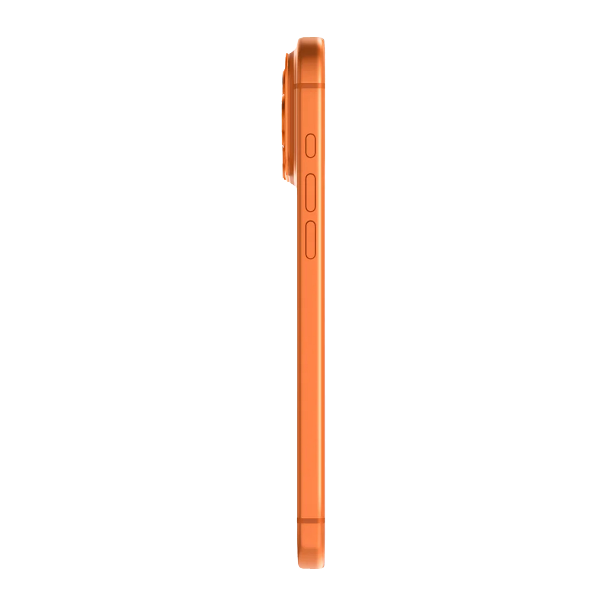 Oranje smartphone van opzij, witte achterkant, camera-array zichtbaar.