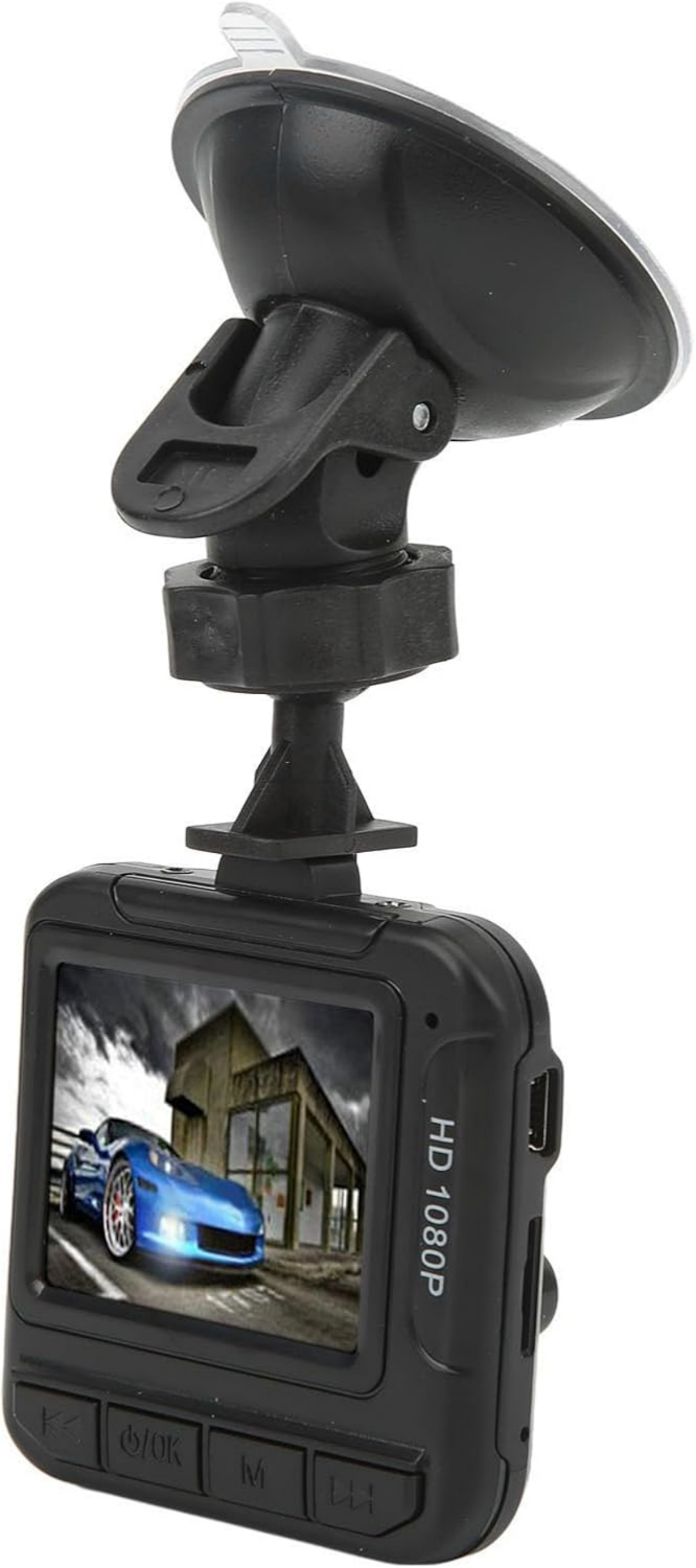 Armaturenbrettkamera mit Saugfuß und HD 1080p Anzeige mit blauem Auto.