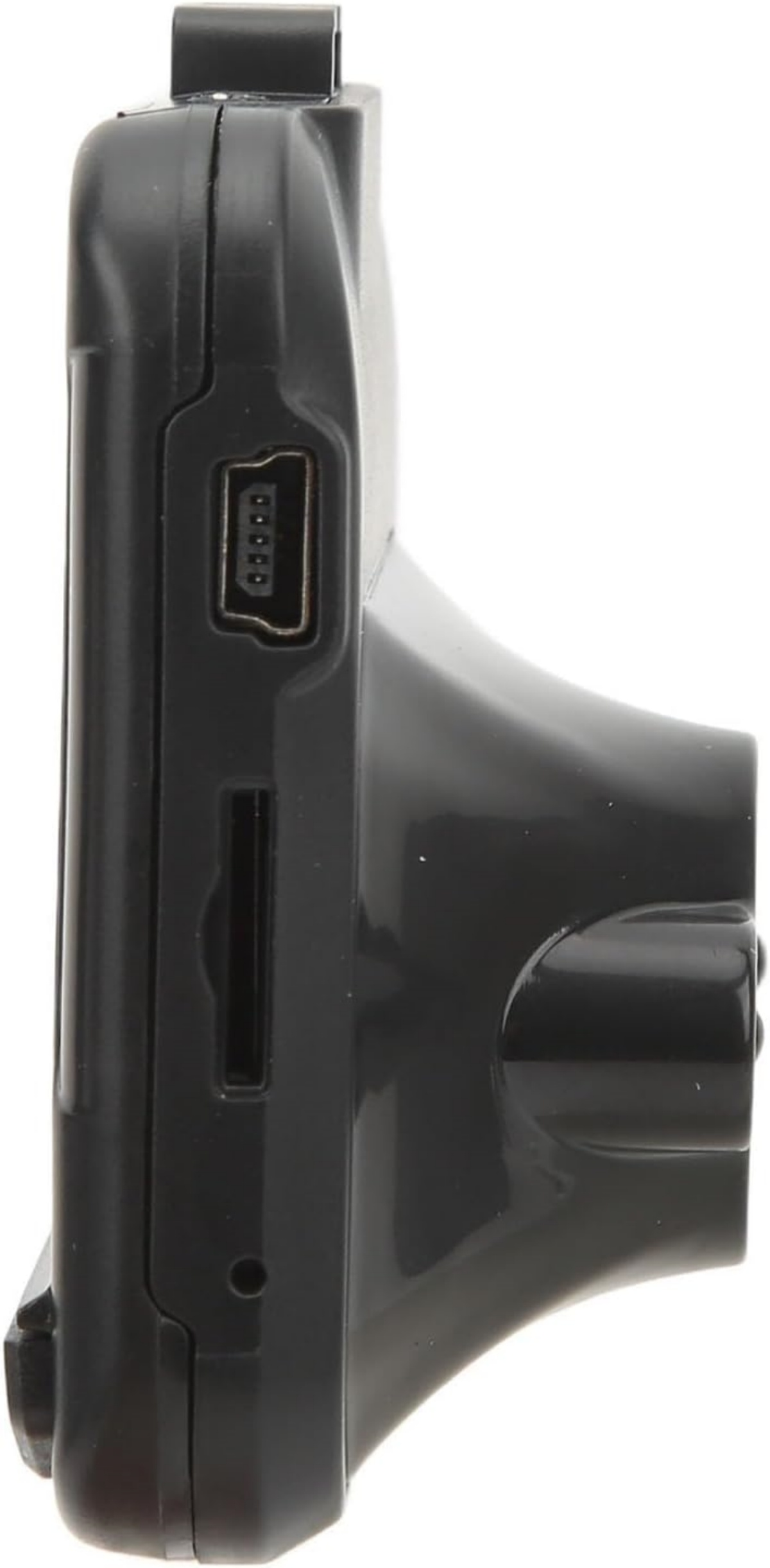 Schwarzes Gerät mit USB- und SD-Kartensteckplatz, von der Seite gesehen.