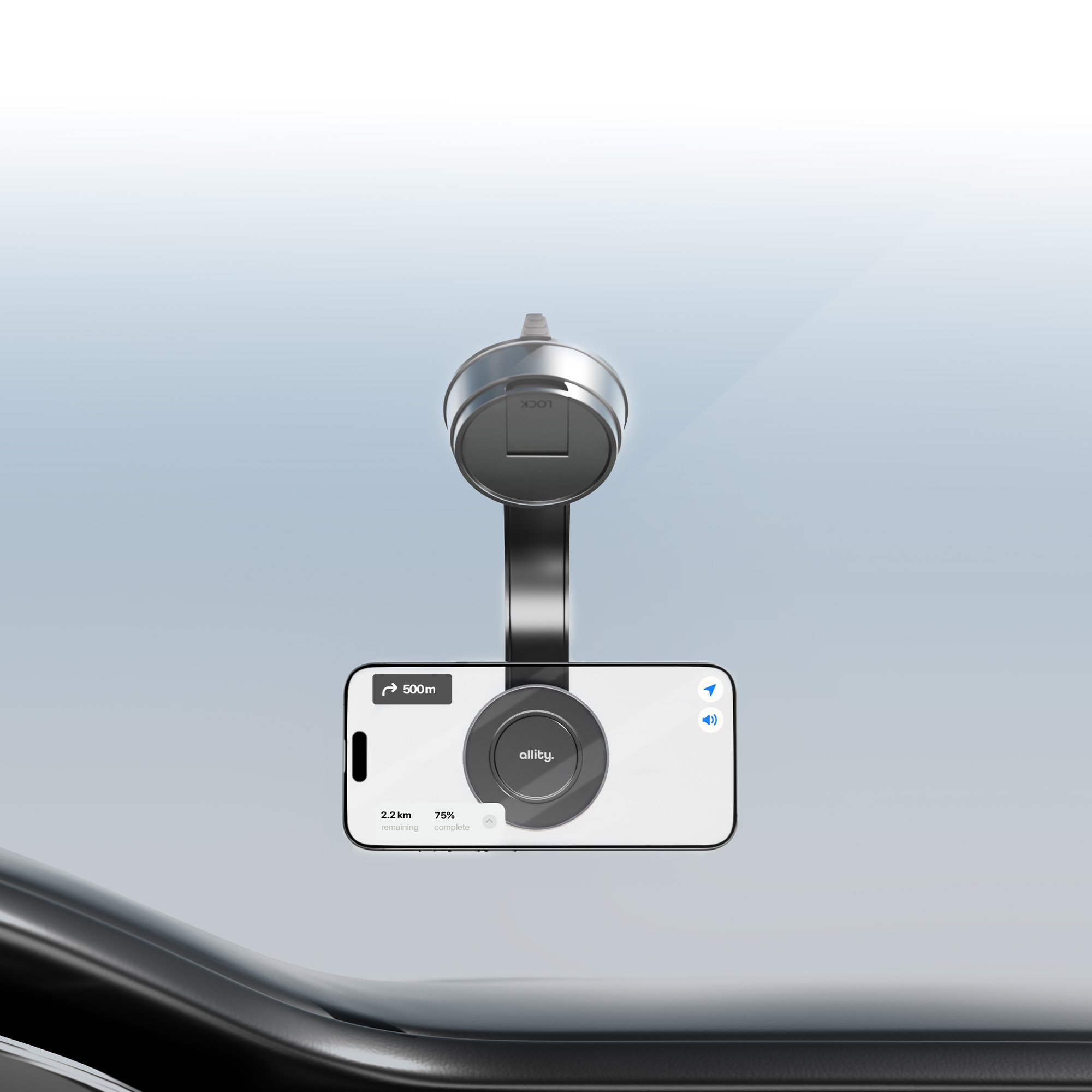 Smartfon z aplikacją nawigacyjną jest przymocowany do uchwytu.