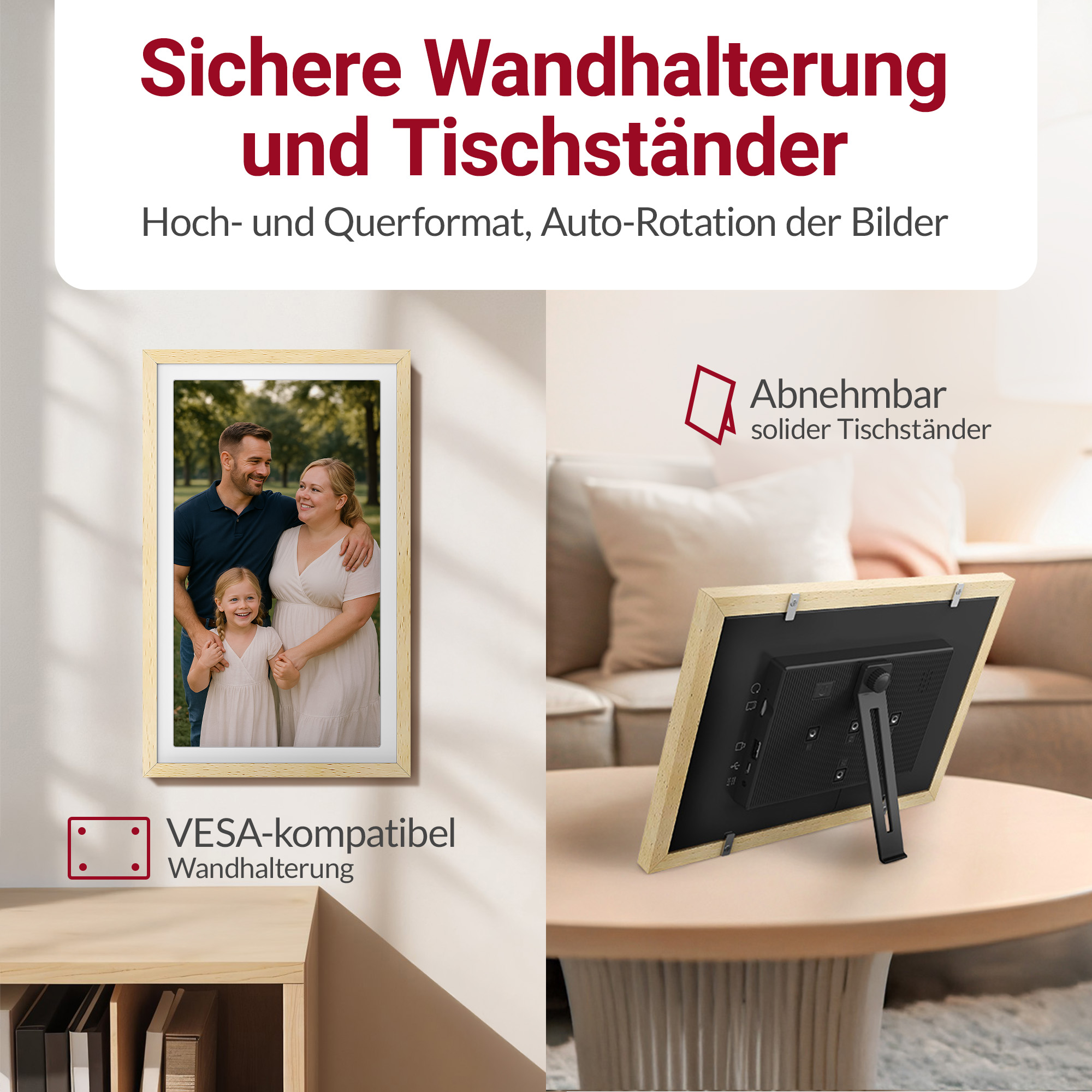 Digitale Bilderrahmen mit Familie, VESA-Halterung und abnehmbarem Ständer.