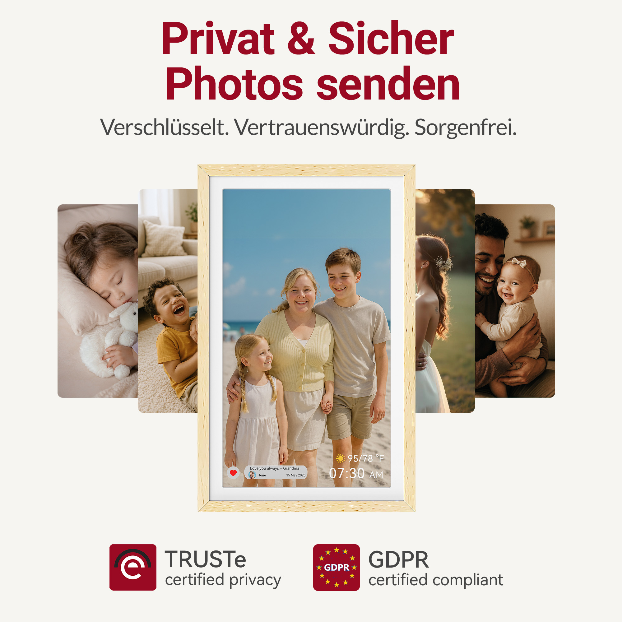 Familienfotos auf einem digitalen Bilderrahmen am Strand, mit Text und Wetteranzeige.