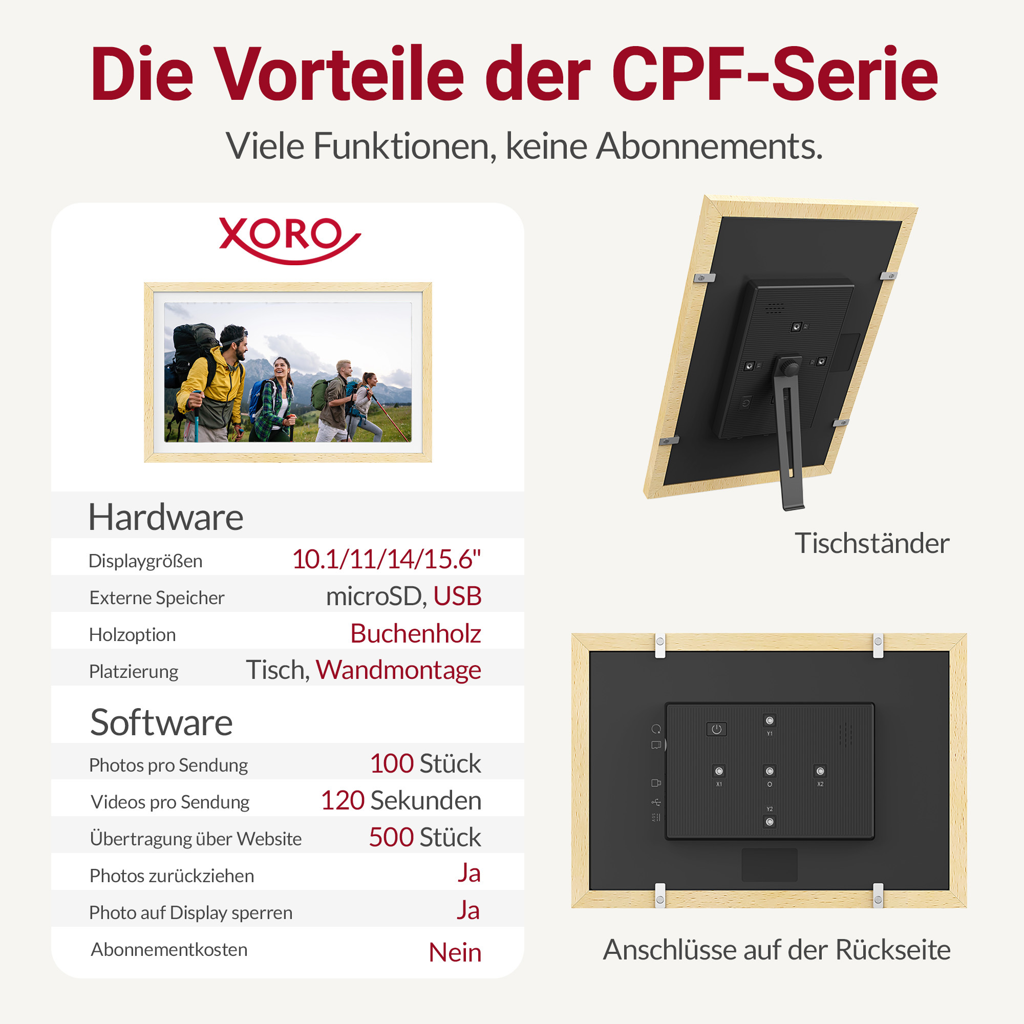 Digitale Bilderrahmen-Details mit Wanderbild, Hardware/Software-Spezifikationen und Rückansicht.