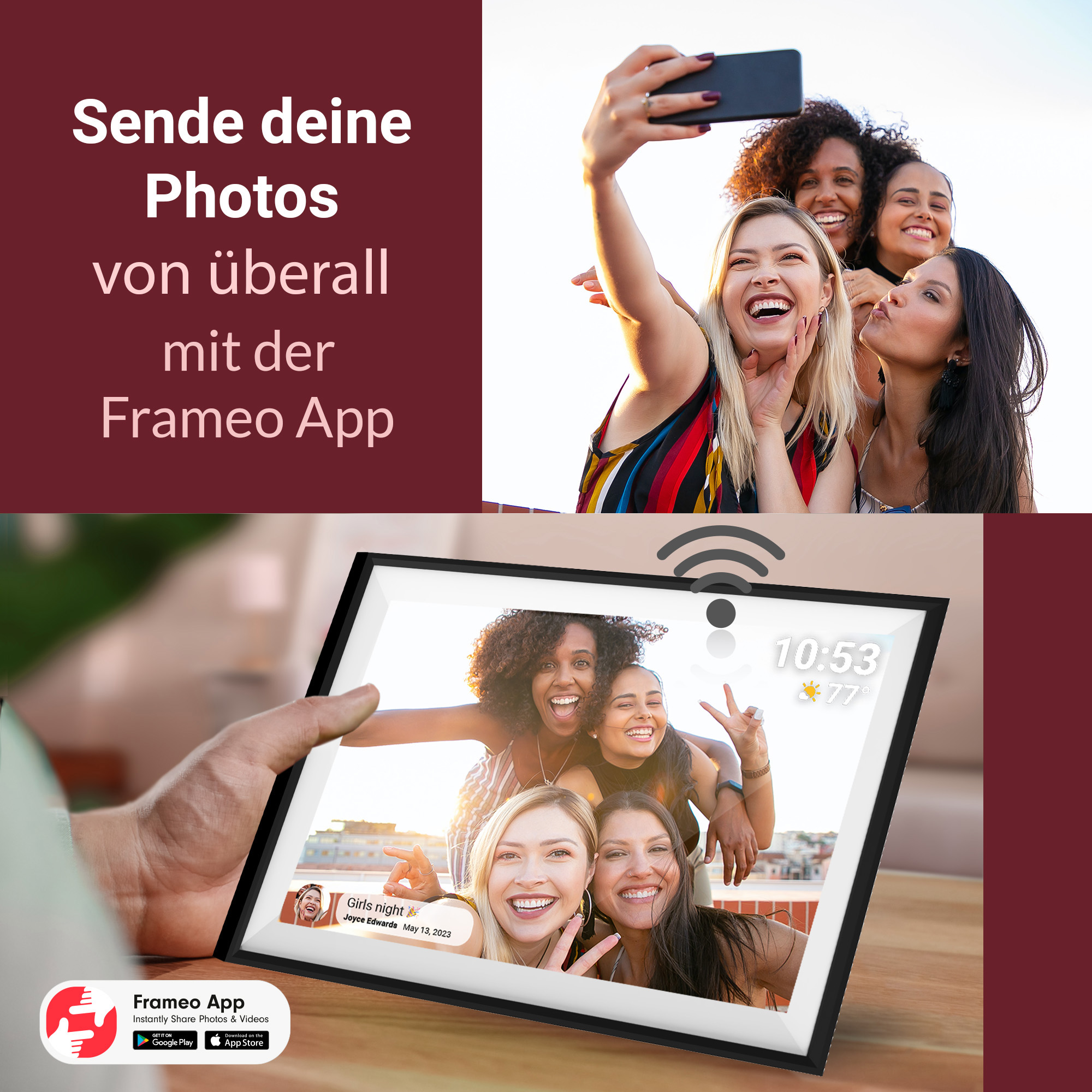 Frauen machen ein Selfie, das auf einem digitalen Bilderrahmen angezeigt wird, der Zeit und Temperatur anzeigt.