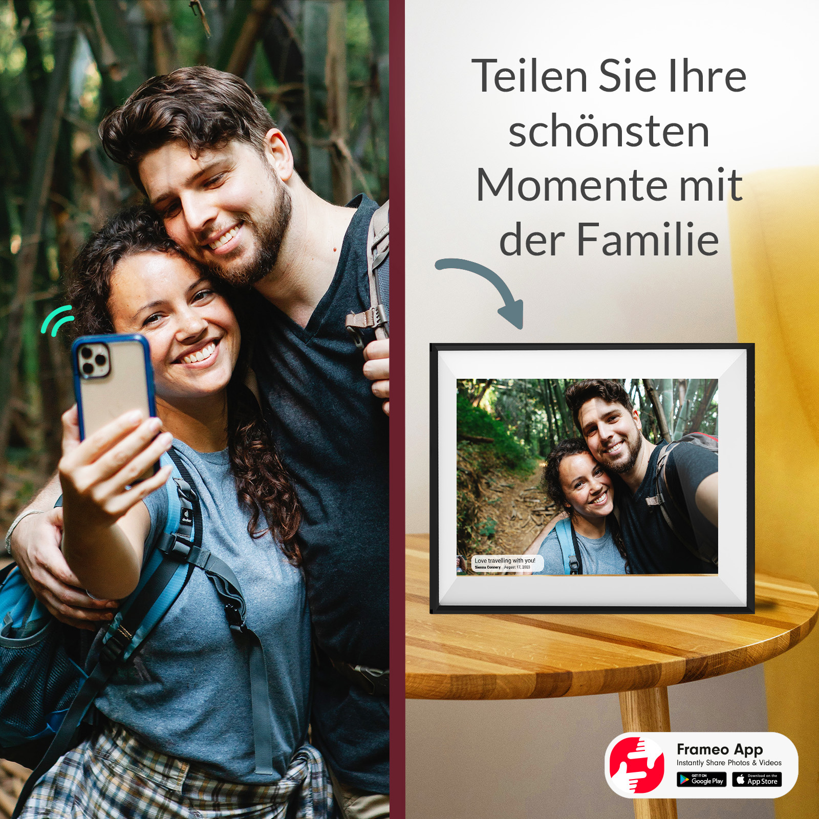 Ein Paar macht ein Selfie im Wald, daneben ein Bilderrahmen mit ihrem Foto.