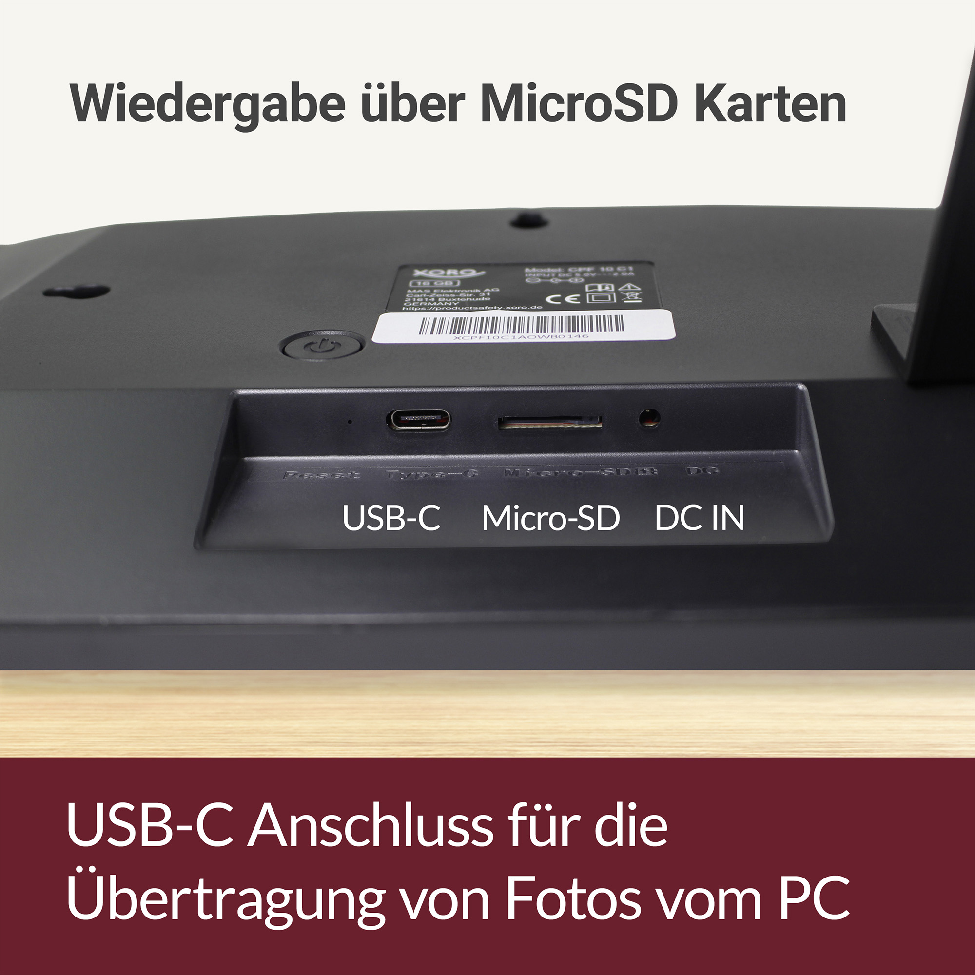Rückseite eines Geräts mit USB-C, Micro-SD und DC-IN Anschlüssen.