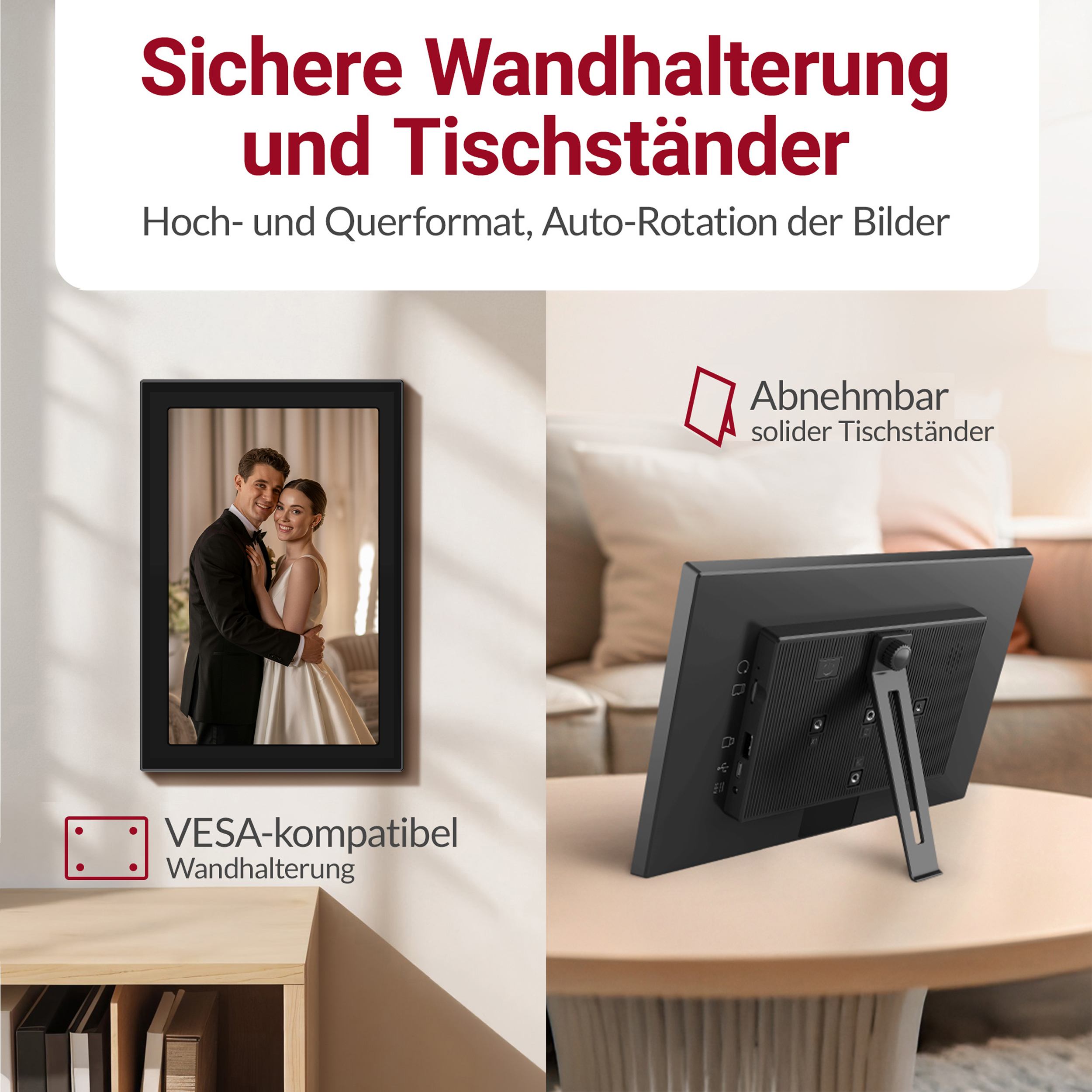 Ein Digitalrahmen mit einem Bild eines Paares und der Rückseite eines Geräts mit Ständer.
