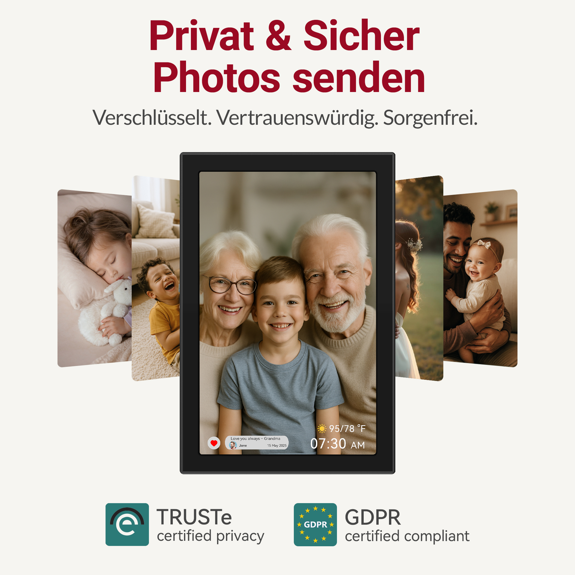 Digitaler Bilderrahmen zeigt Großeltern mit Enkel, Baby mit Vater, Kind schlafend.