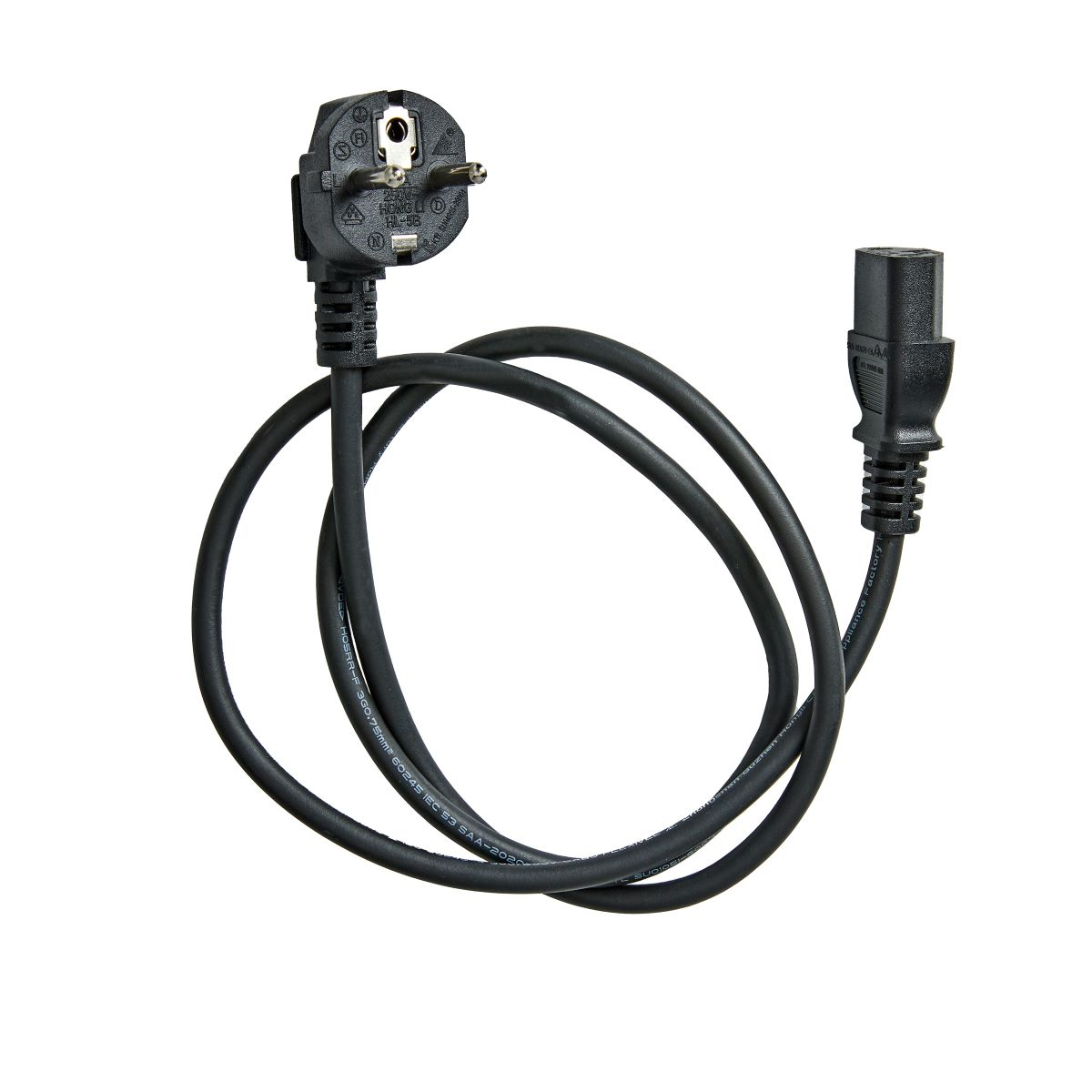 Ein schwarzes Stromkabel mit einem EU-Stecker und einem IEC-Stecker.