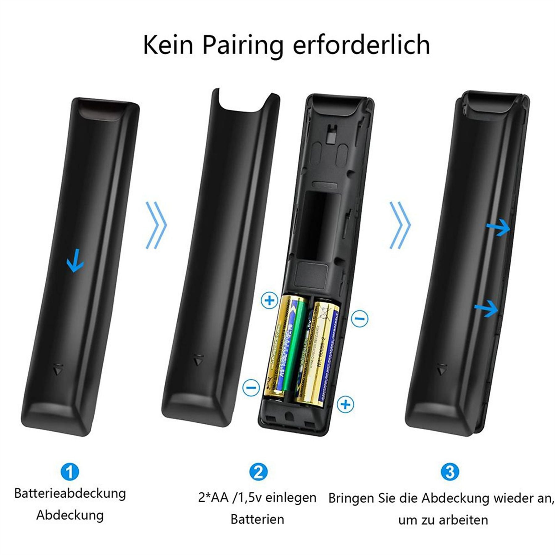 Schritt-für-Schritt-Anleitung zur Batterieinstallation für ein fernbedienungsähnliches Gerät.
