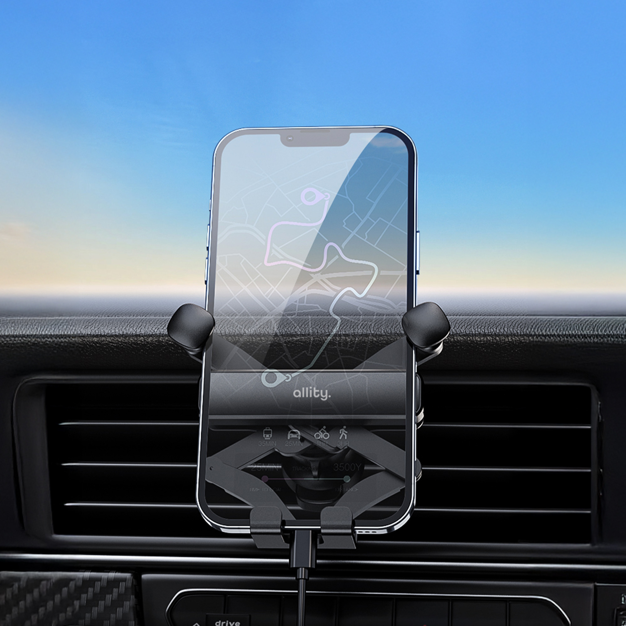 Smartfon z mapą nawigacyjną w uchwycie samochodowym na tle deski rozdzielczej.