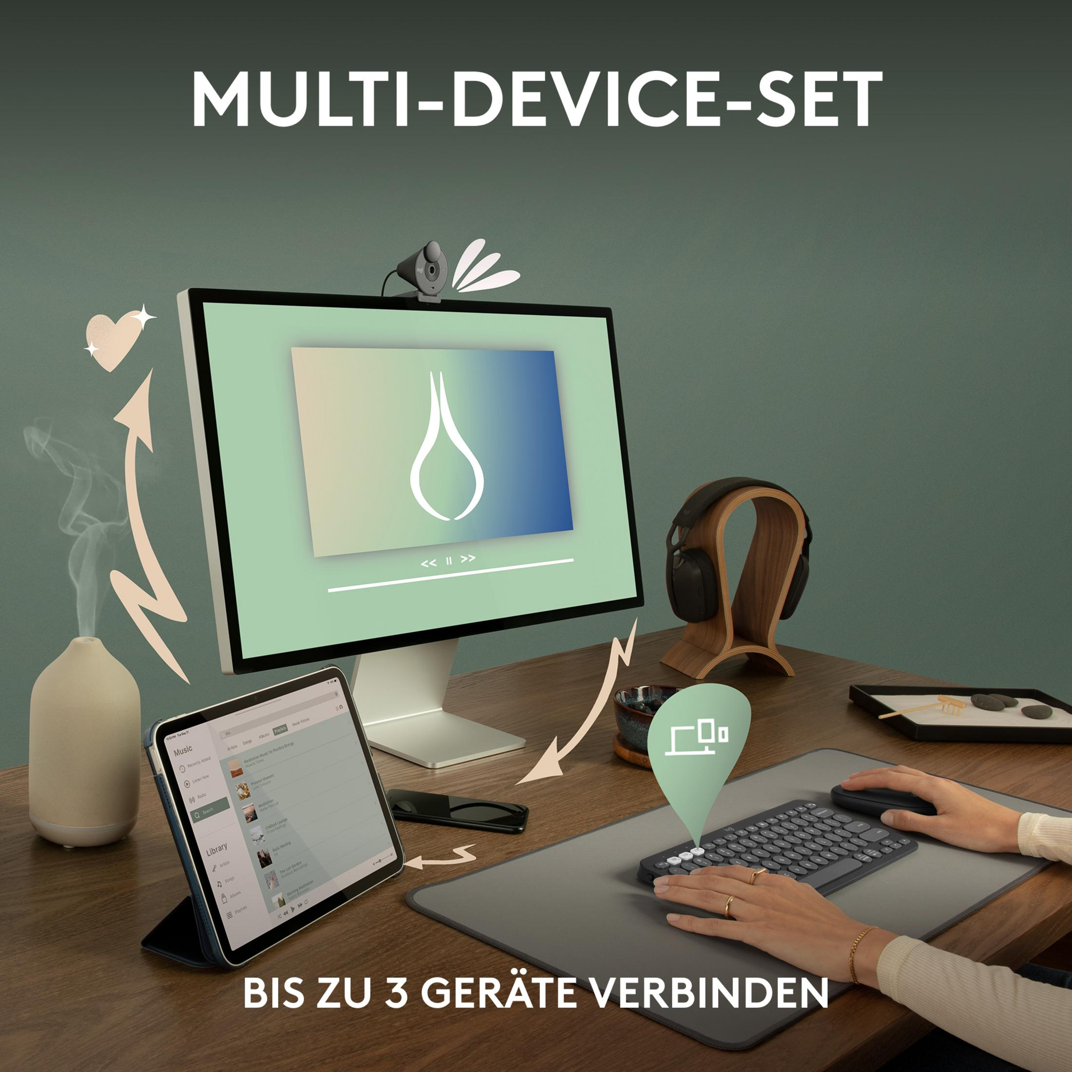 Scrivania con computer, tablet e mouse. "MULTI-DEVICE-SET".
