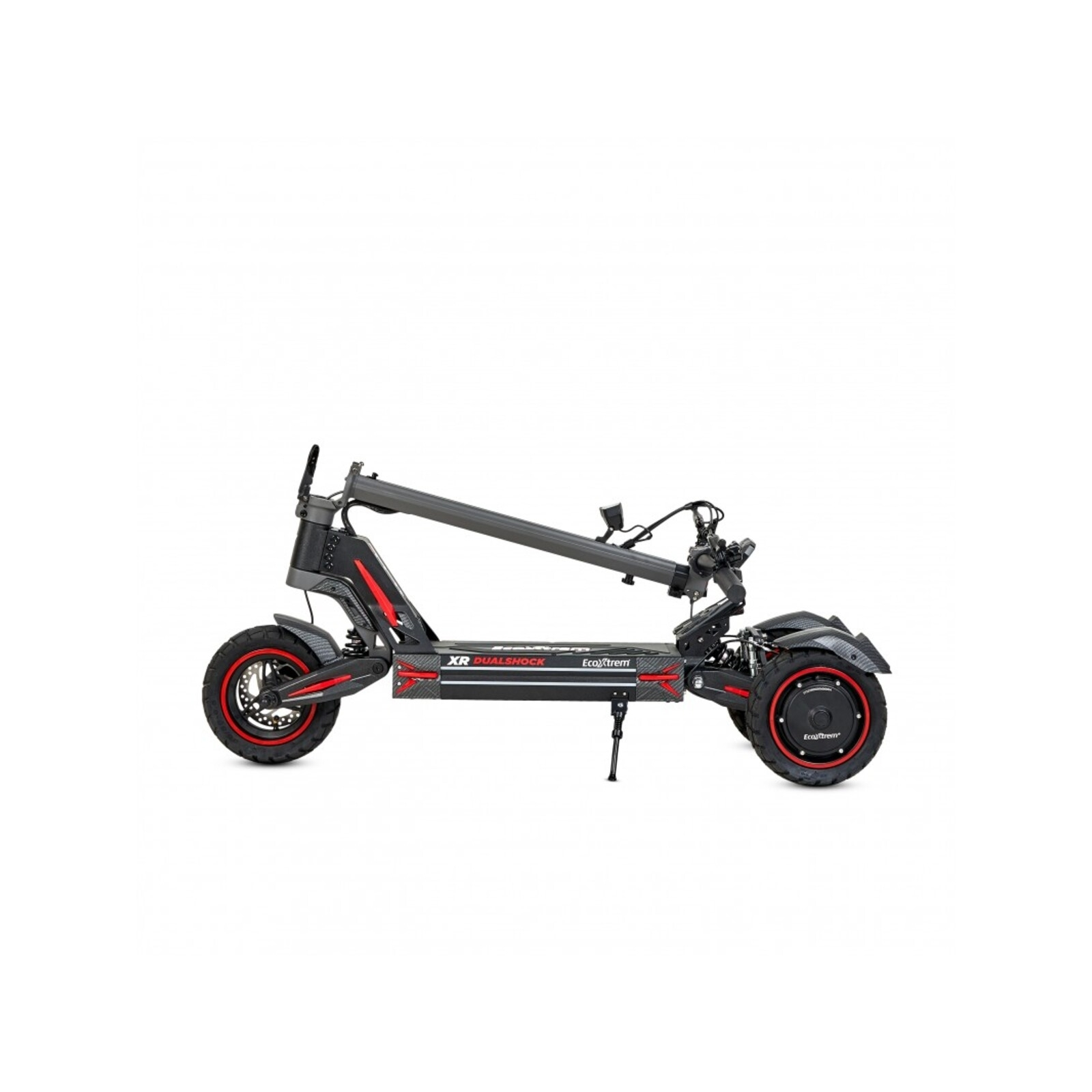 Patinete eléctrico negro con detalles rojos y ruedas anchas.