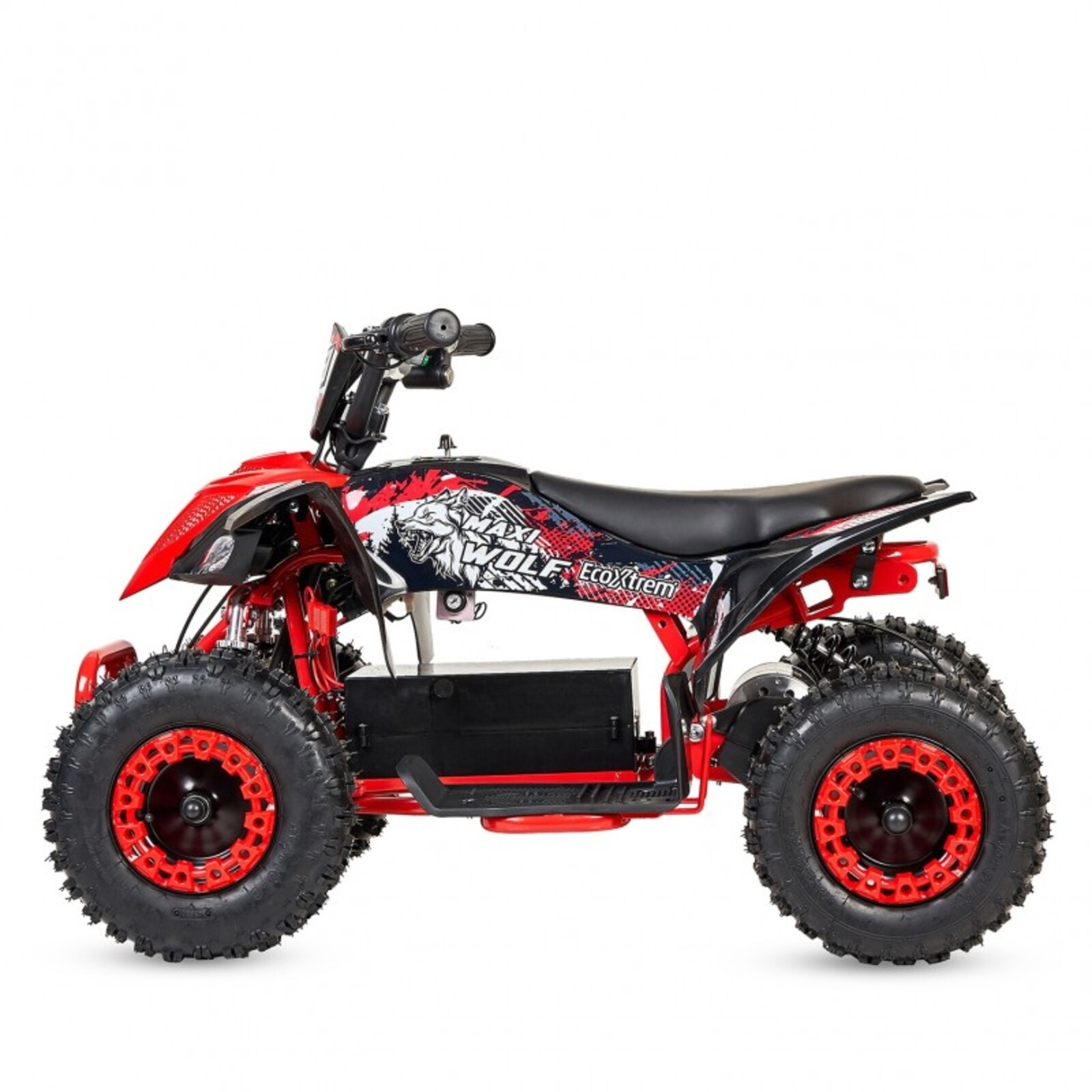 Quad rojo con gráfico de lobo y neumáticos negros, sobre fondo blanco.