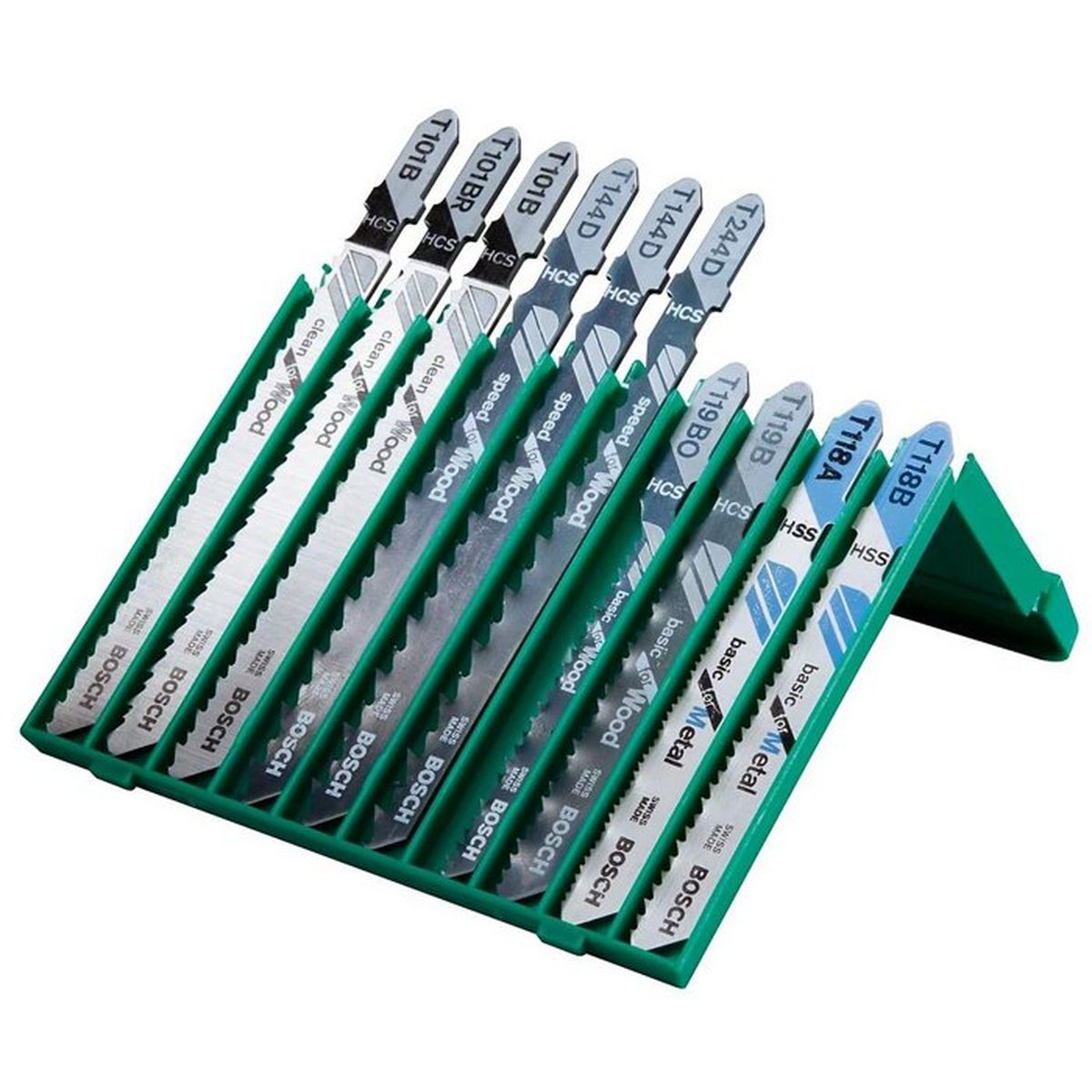 Zielone etui z różnymi brzeszczotami do wyrzynarek Bosch.