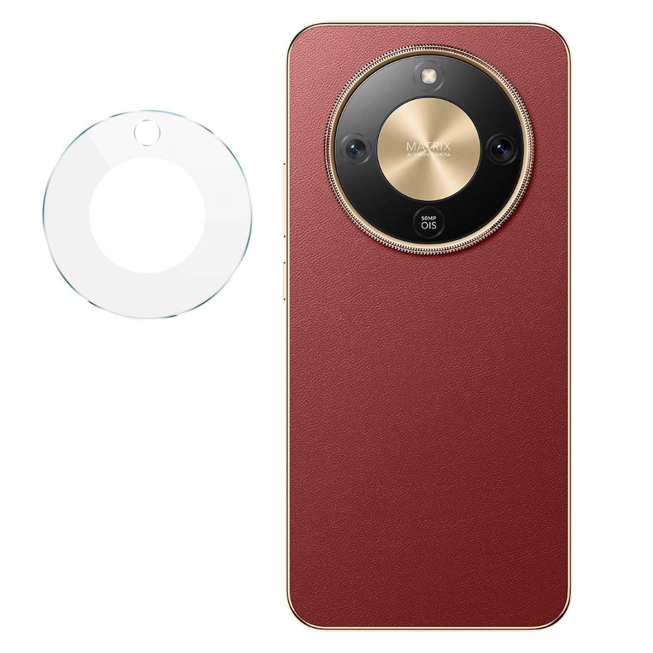 Un telefono rosso con modulo fotocamera e una pellicola protettiva accanto.