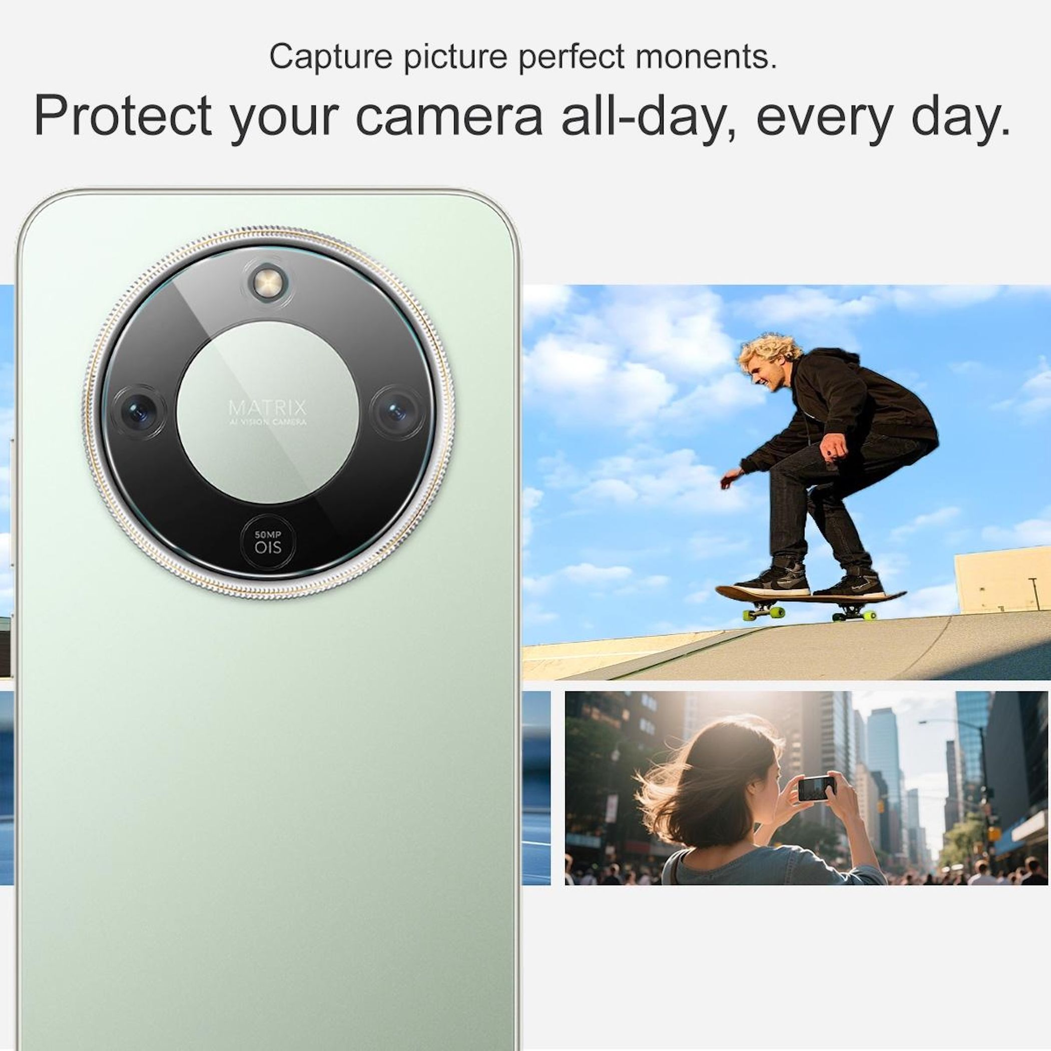 La fotocamera di un telefono, uno skateboarder e una donna che scatta foto in città.