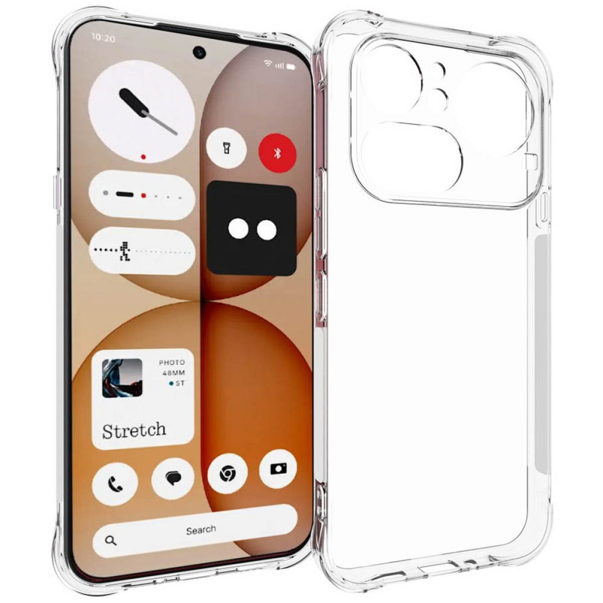 Eine durchsichtige Handyhülle liegt neben einem Smartphone mit Widgets und App-Symbolen.