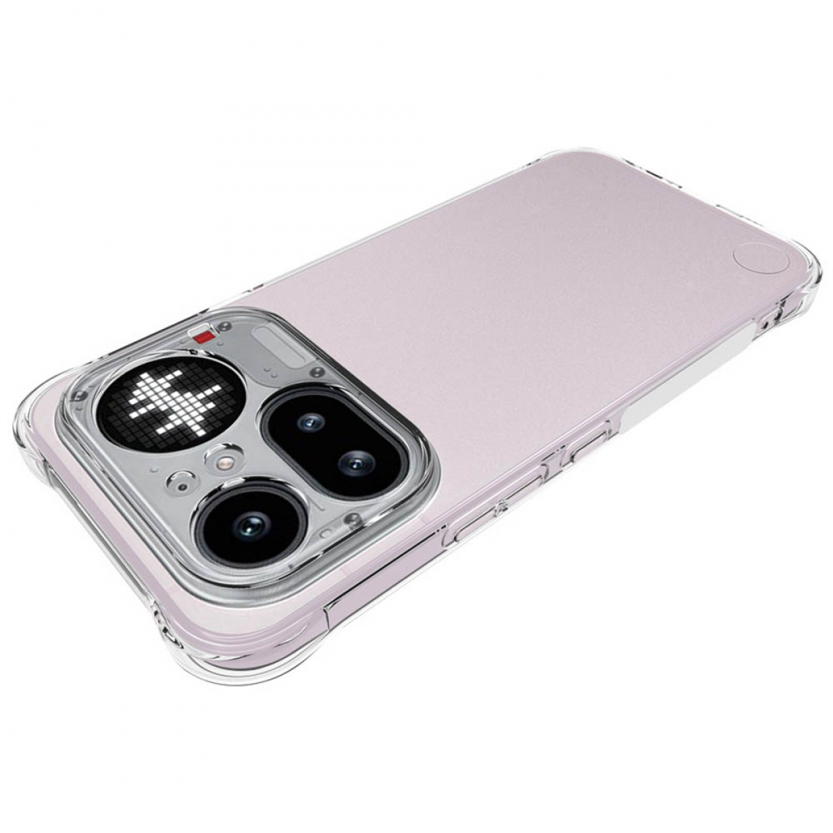 Ein transparentes Handyhülle mit einem lila Telefon. Die Rückseite hat eine Musteranzeige.