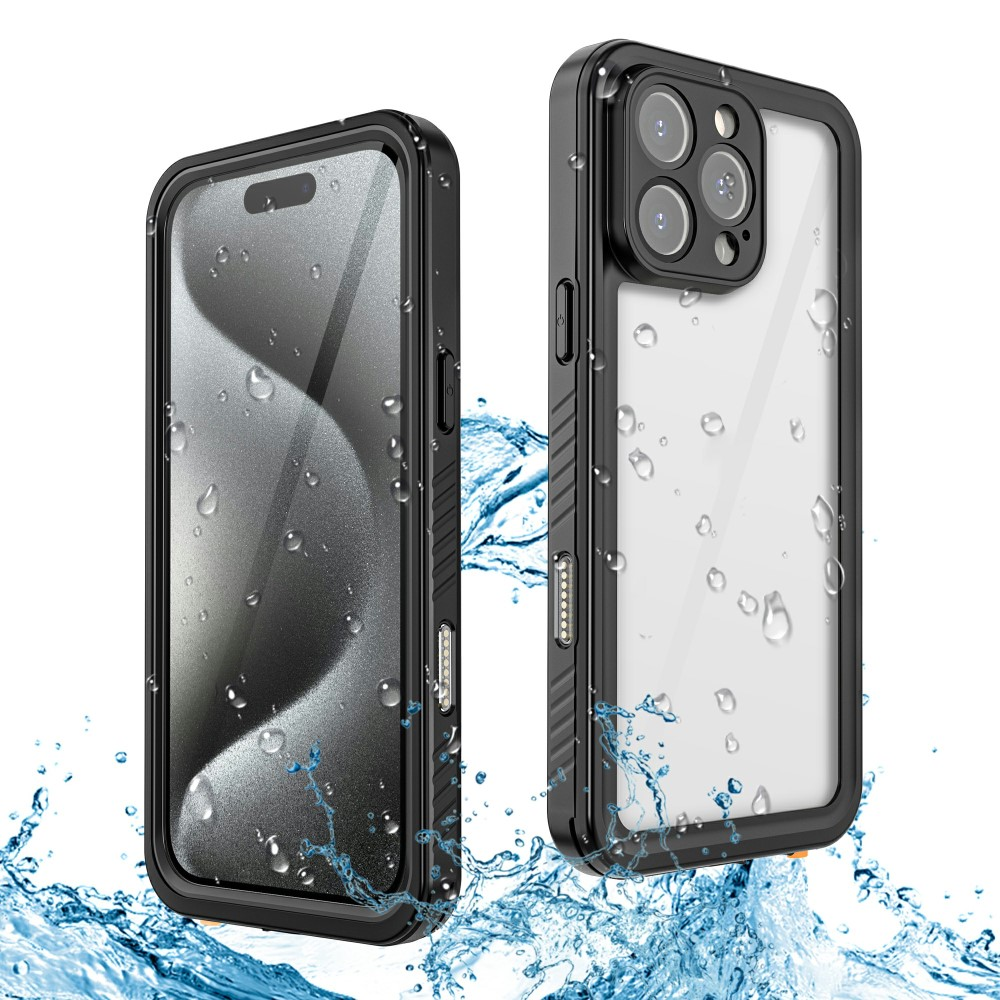 Due custodie nere impermeabili per telefono con gocce e schizzi d'acqua.