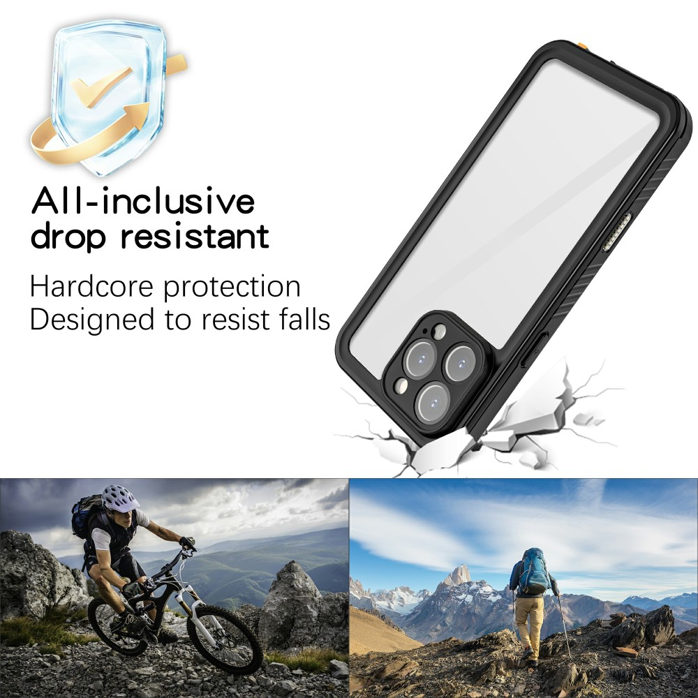 Custodia per telefono, mountain biker ed escursionista in paesaggio montuoso.