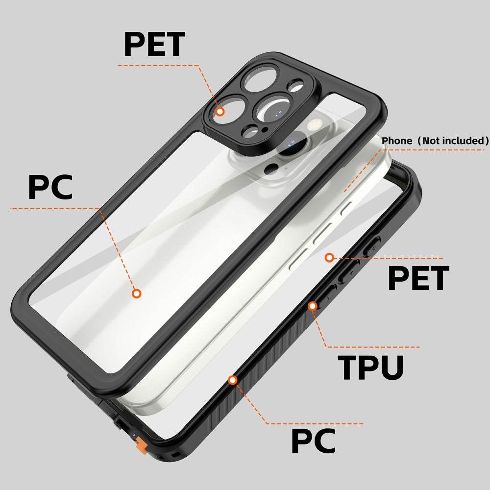 Vista esplosa di una custodia per telefono in PET, PC e TPU. Telefono non incluso.