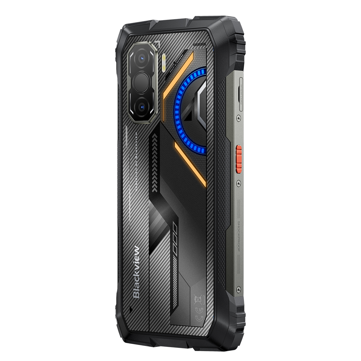Smartphone robusto con tripla fotocamera, anello luminoso blu e arancione, su sfondo bianco.