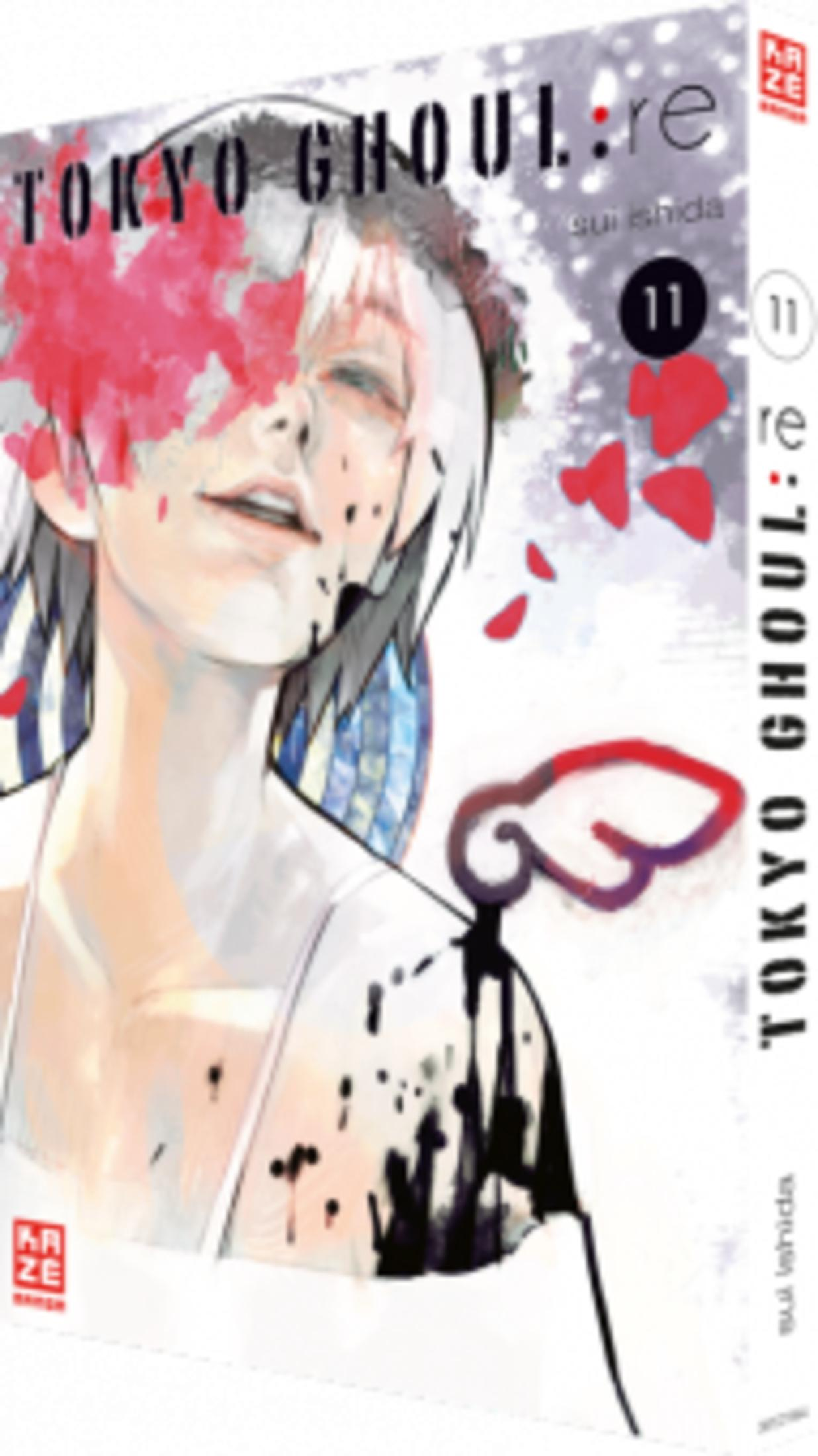 Art de couverture du manga Tokyo Ghoul:re avec un personnage aux cheveux blancs, peinture rouge sur les yeux et éclaboussures d'encre noire.