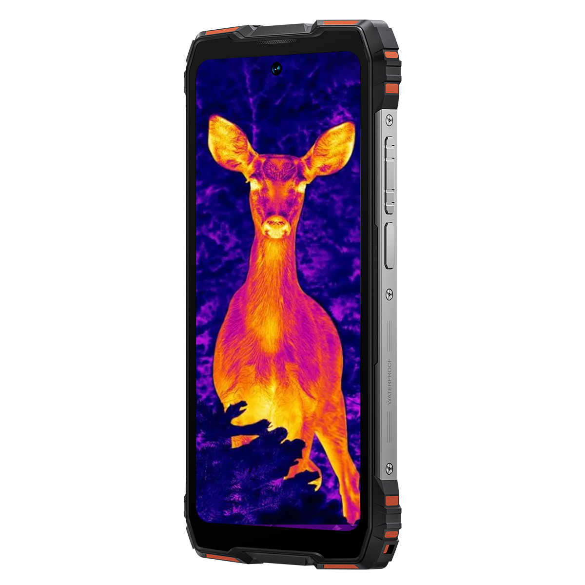 Uno smartphone mostra un cervo in vista termica sul suo schermo.