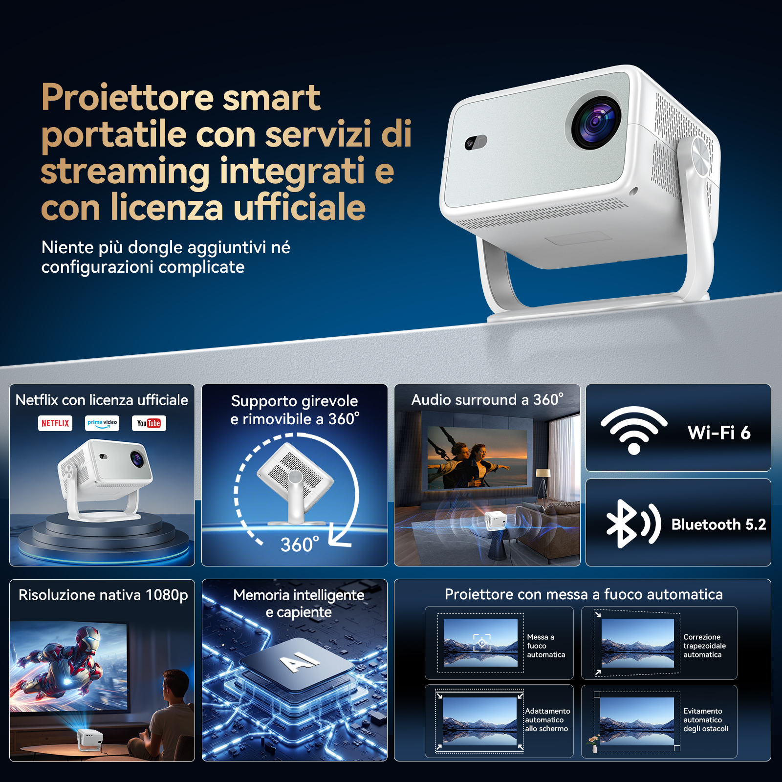 Un proiettore smart portatile con servizi streaming, audio 360°, Wi-Fi 6 e Bluetooth 5.2.