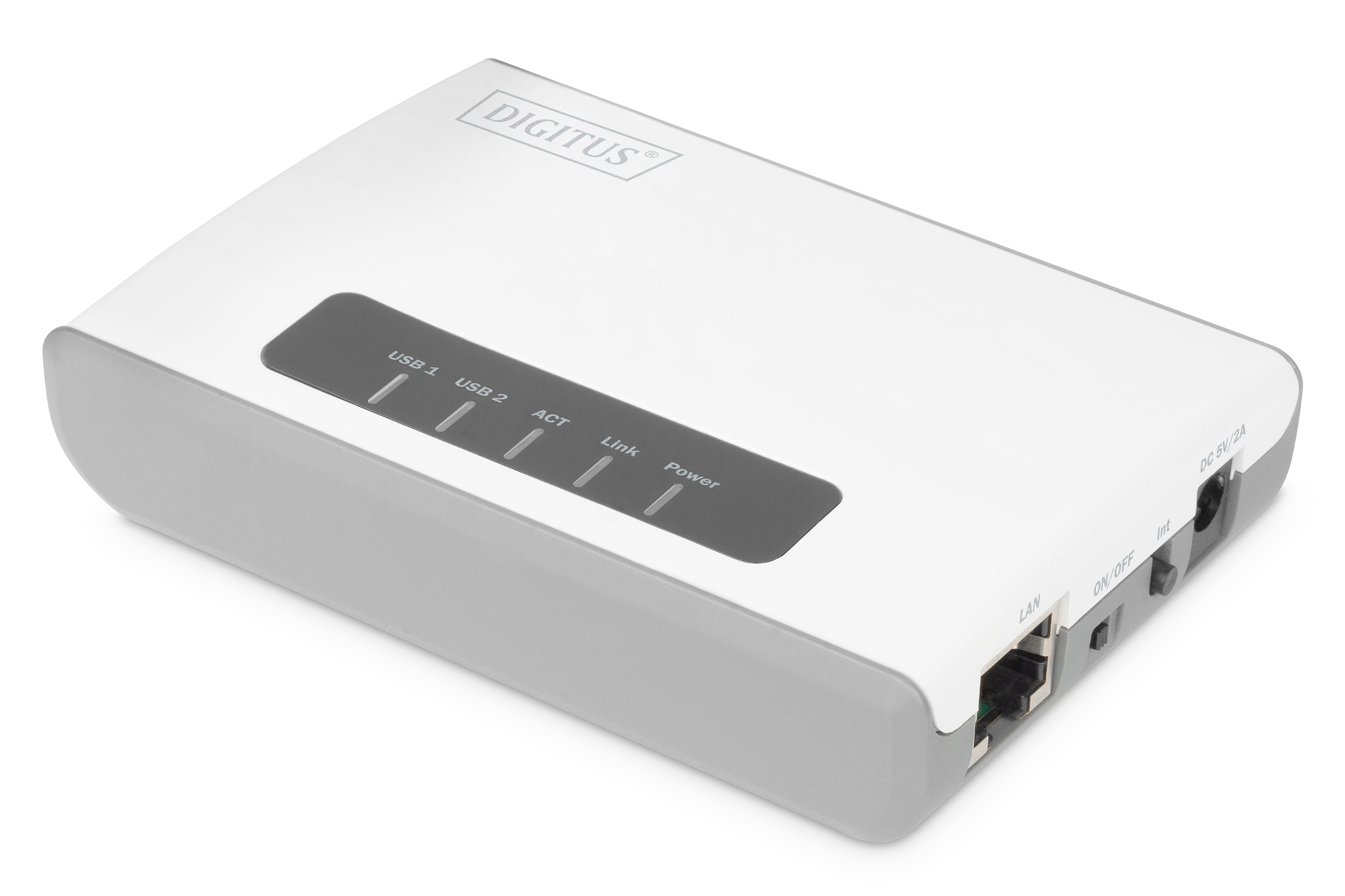 Ein weißes und graues Digitus-Gerät mit USB-, LAN- und Stromanschlüssen.