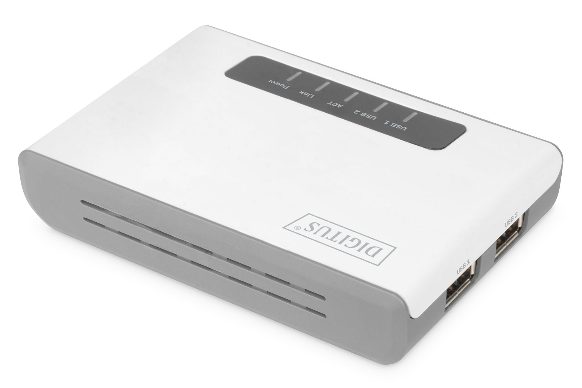 Ein weißer und grauer USB-Hub mit zwei Anschlüssen und Status-LEDs.