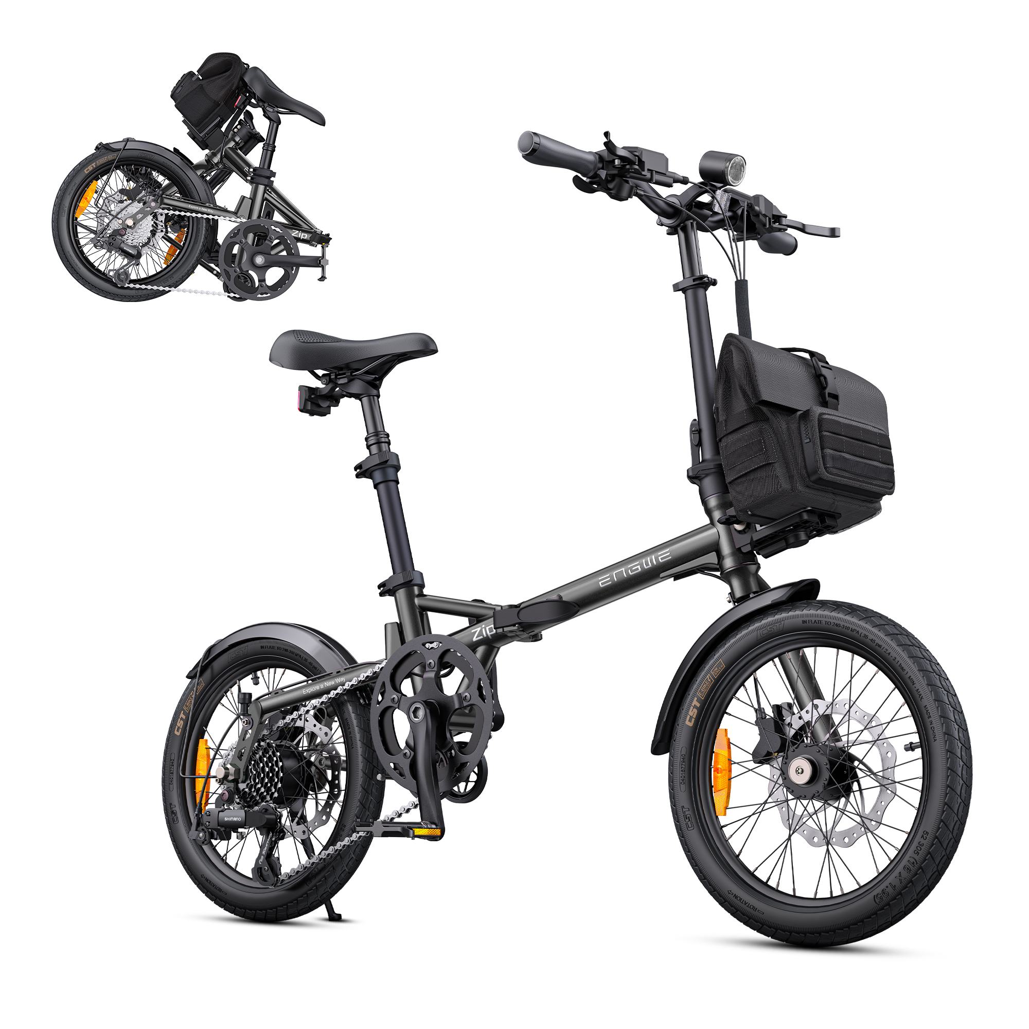 Una bicicletta elettrica pieghevole nera con borsa e luci.
