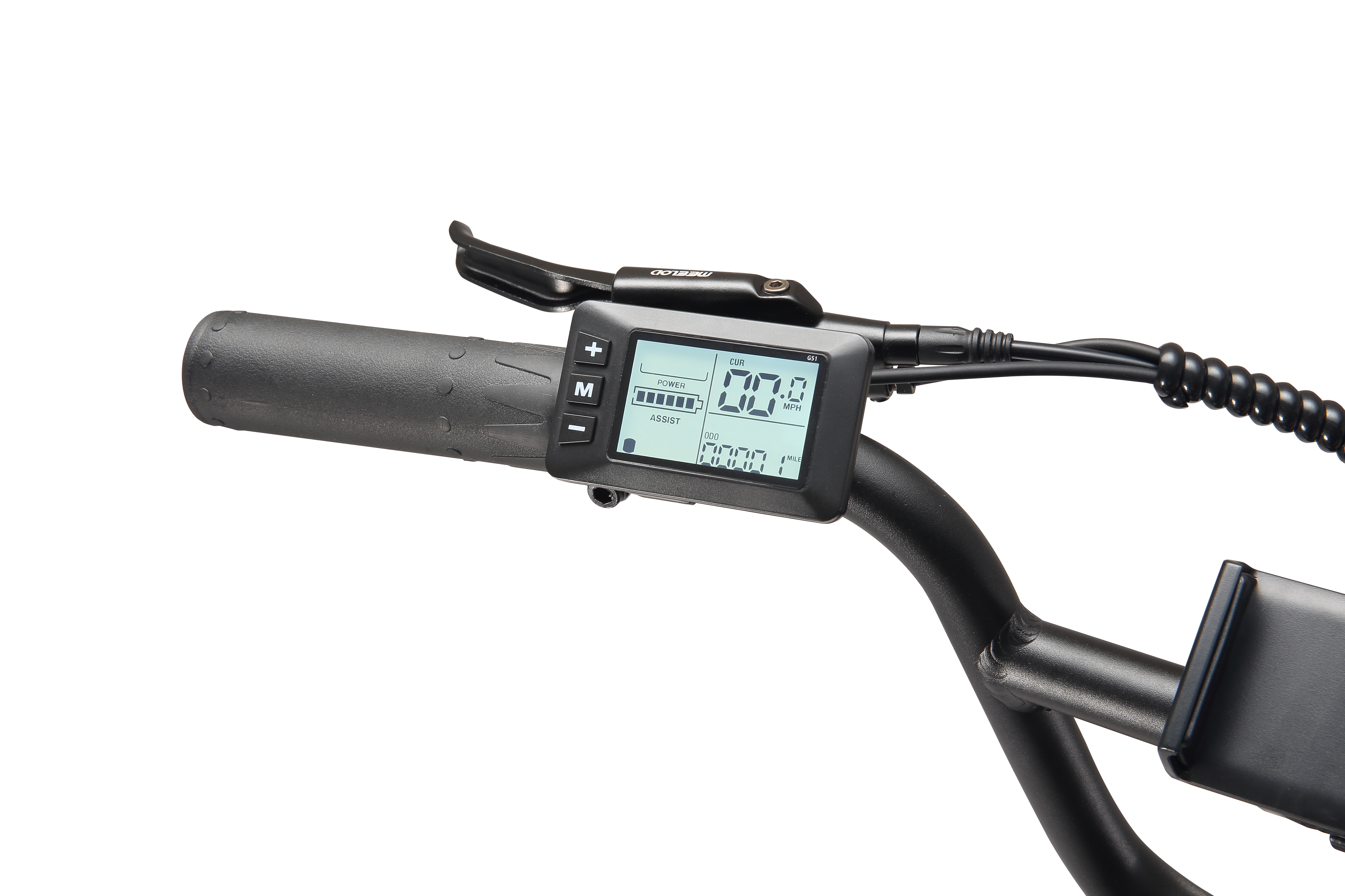 Zbliżenie na wyświetlacz i uchwyt roweru elektrycznego, pokazujące 00.0 MPH.