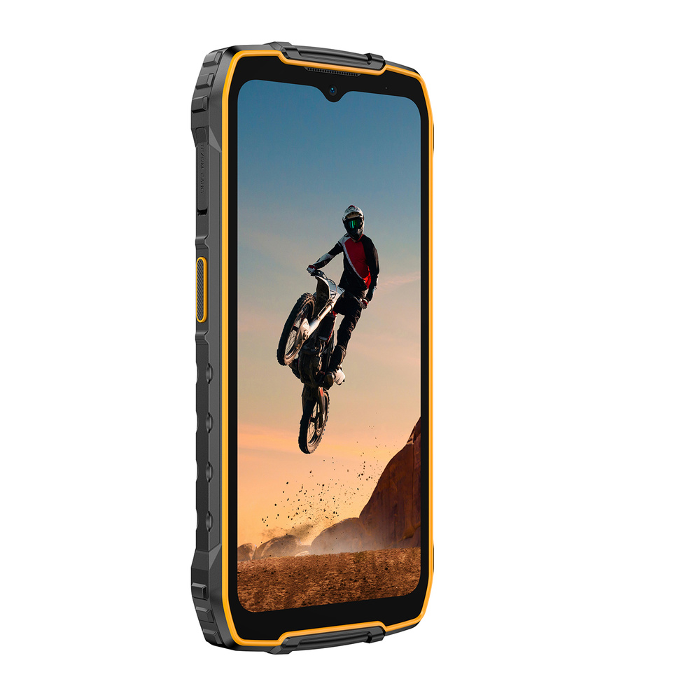 Wytrzymały smartfon wyświetla motocyklistę wykonującego skok.