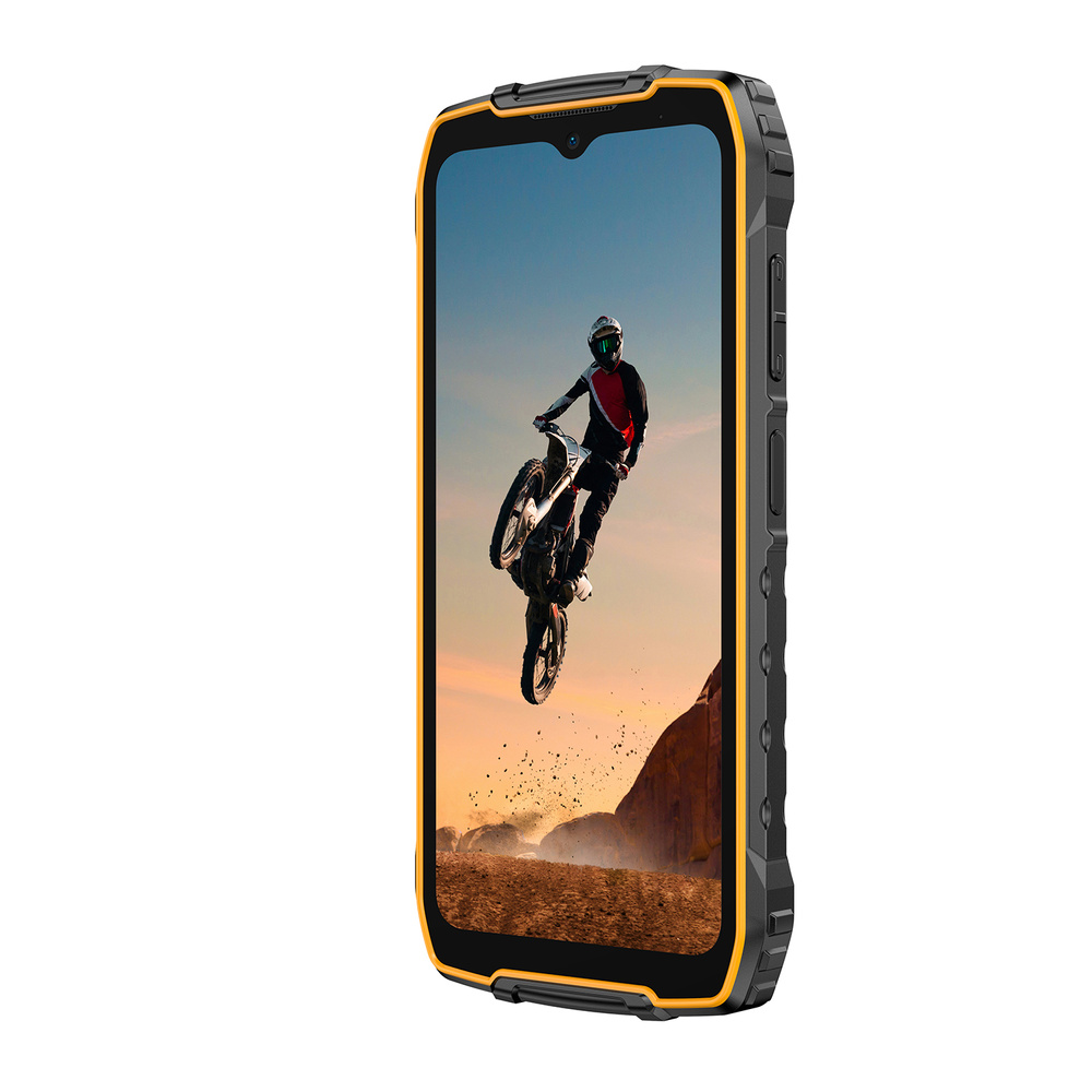 Kolarz motocrossowy skacze w powietrzu, wyświetlany na wytrzymałym smartfonie.