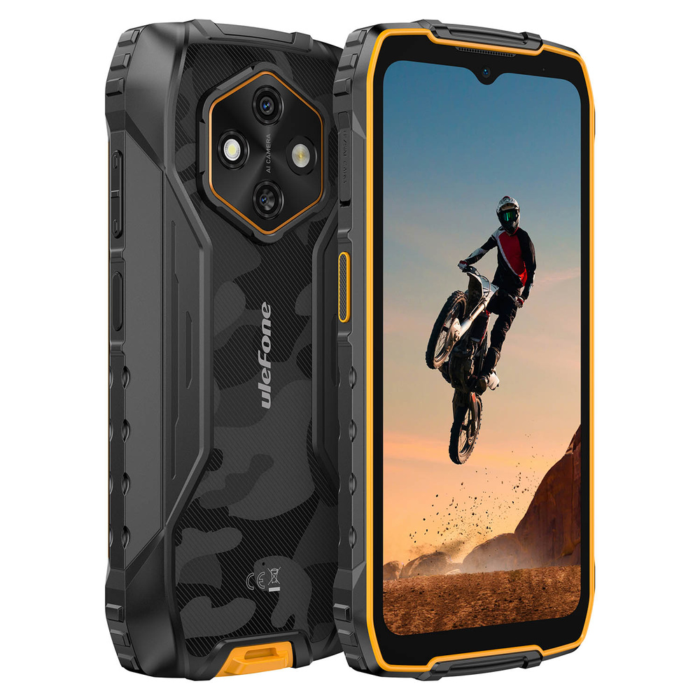 Wytrzymały smartfon z motywem kamuflażu i żółtymi akcentami, pokazujący motocyklistę.