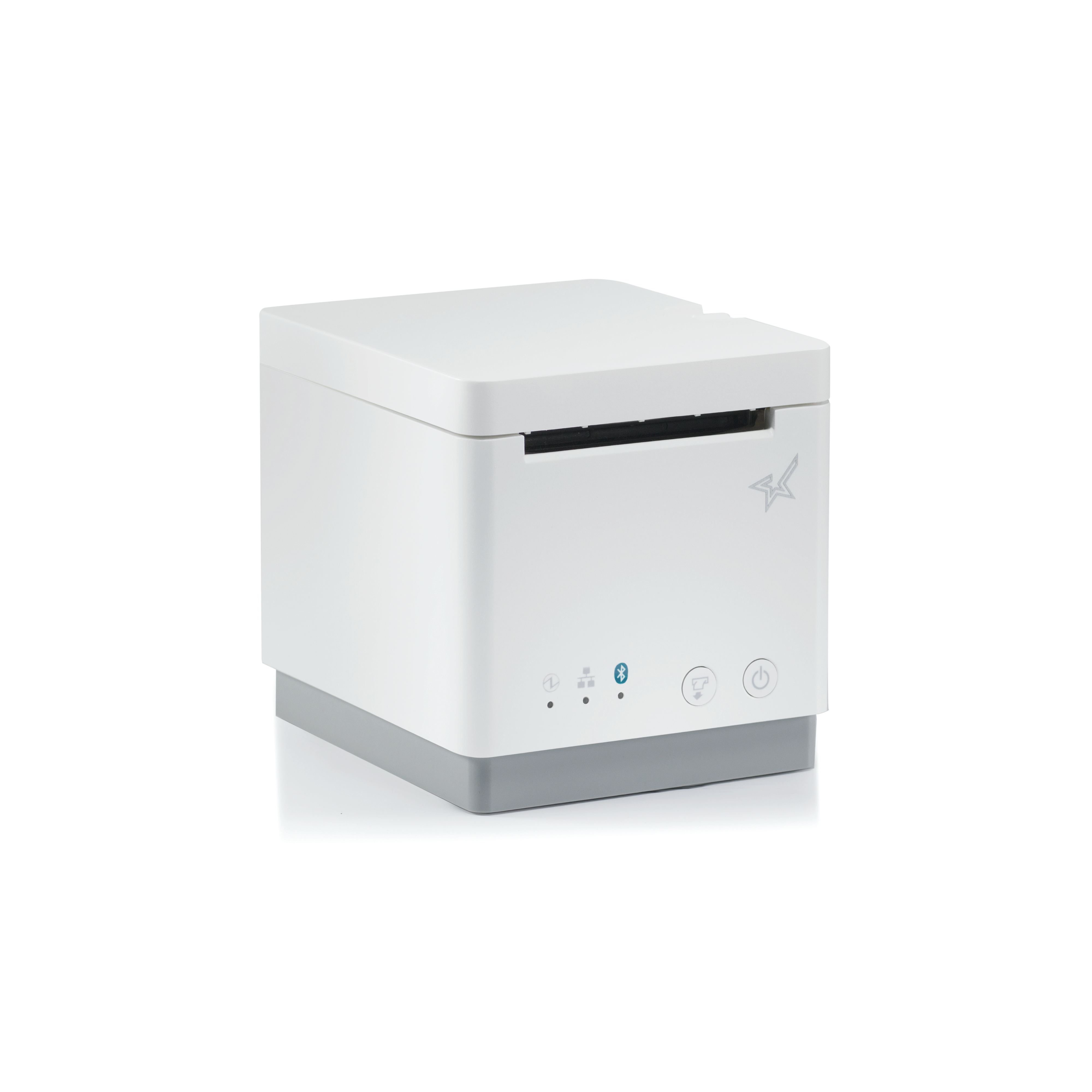Ein weißer Thermodrucker mit grauem Sockel steht auf einem weißen Hintergrund.