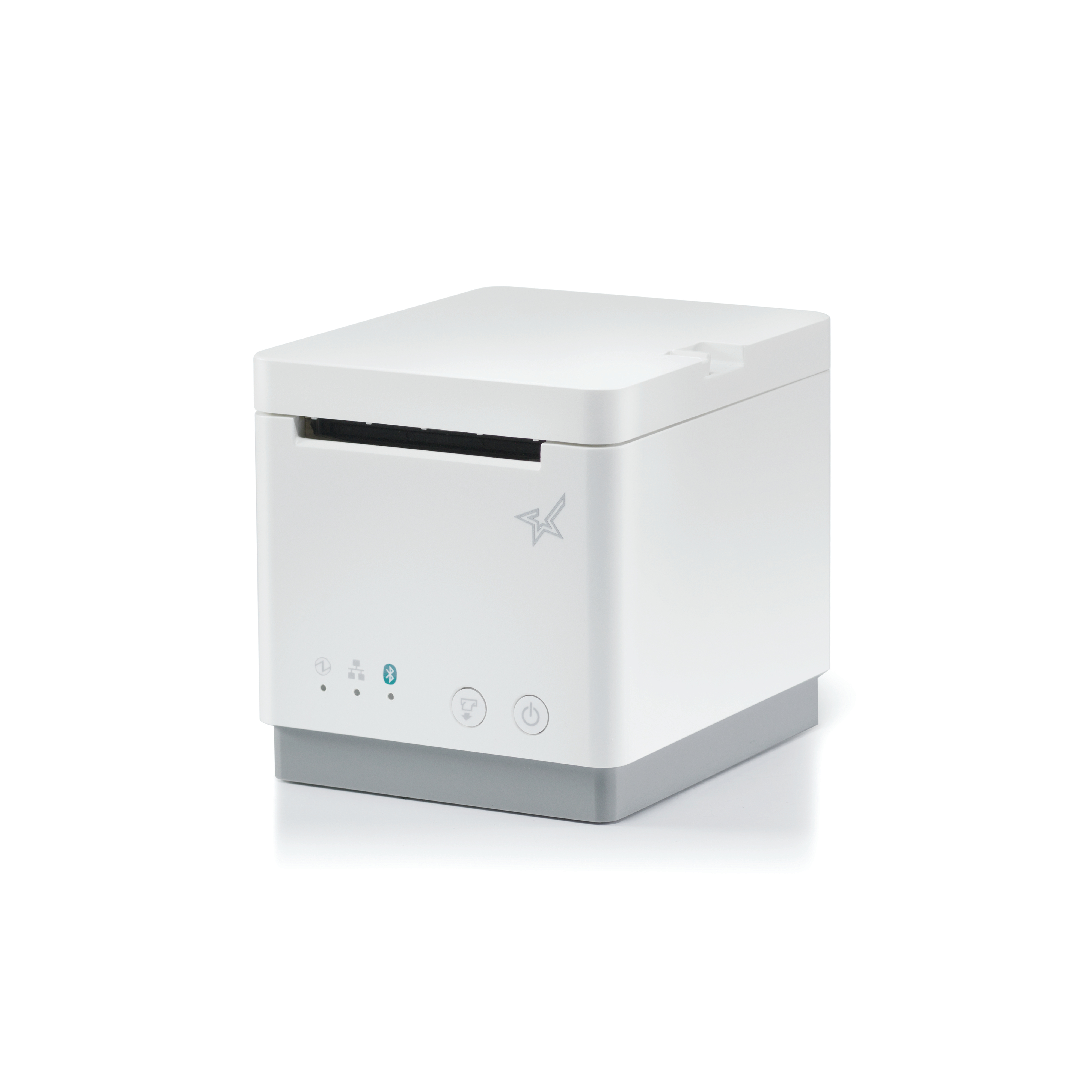 Ein weißer Quittungsdrucker mit grauer Basis und einem Stern-Logo.
