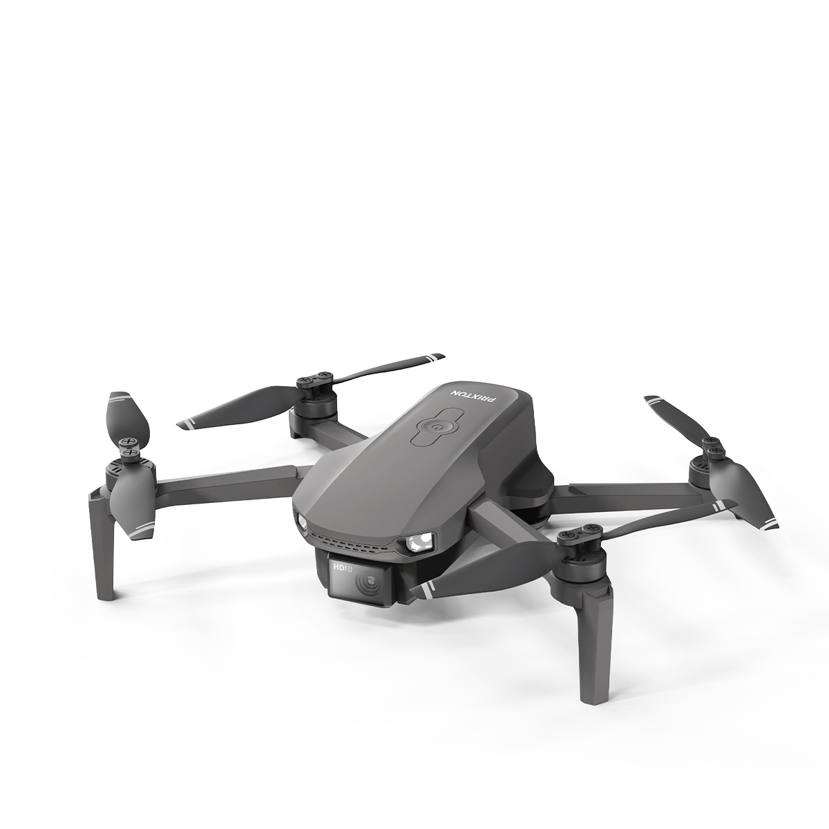 Szara dron z czterema śmigłami i kamerą stoi na białym tle.