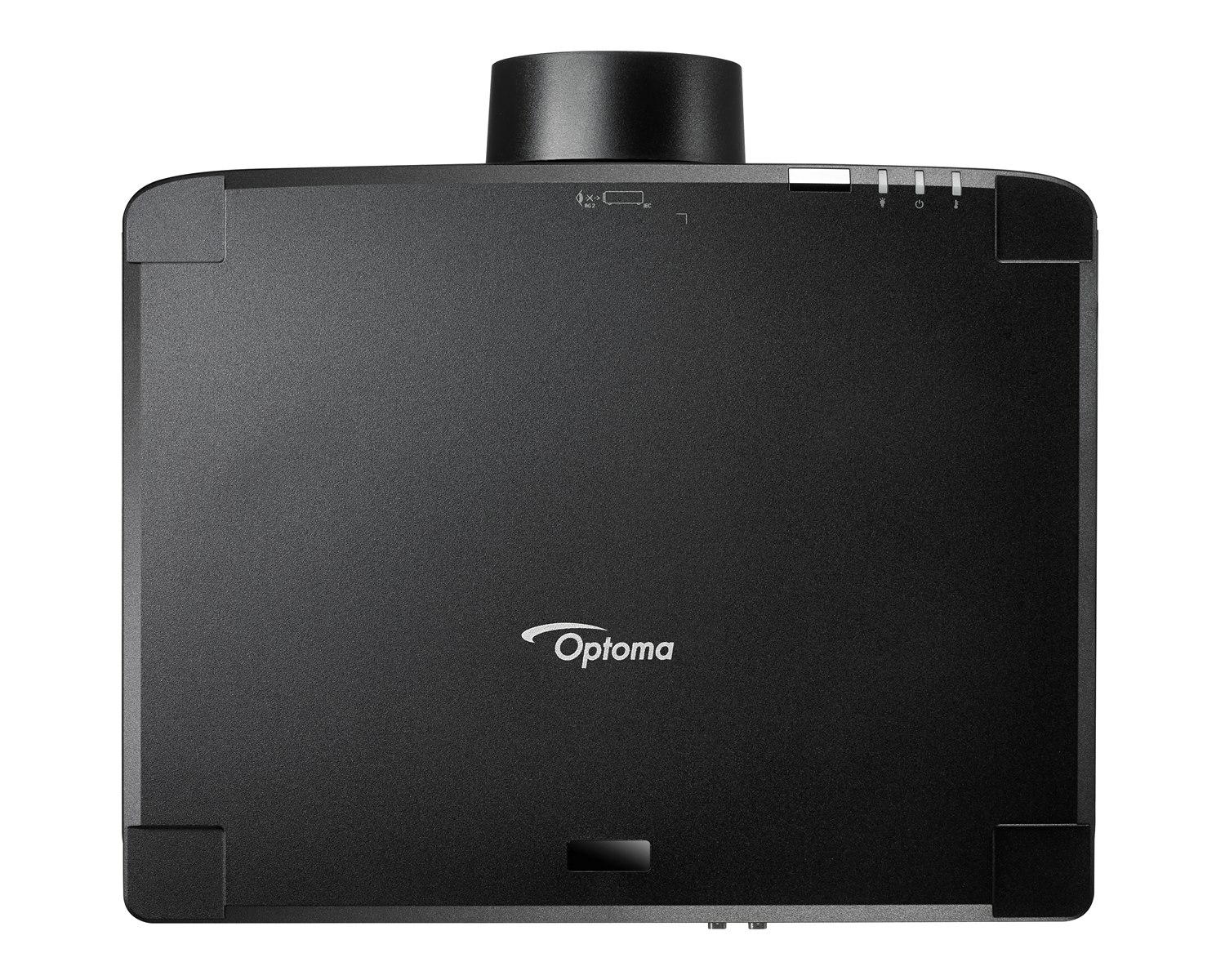 Schwarzer Optoma Projektor von oben, mit Linsenanschluss oben.