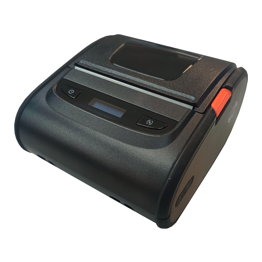 Ein schwarzer tragbarer Thermodrucker mit einem kleinen LCD-Bildschirm und orangefarbenem Knopf.