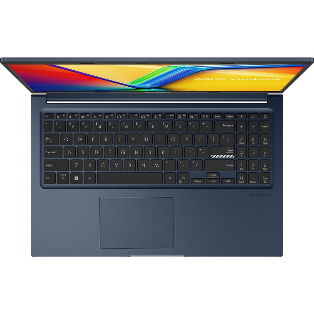 Mavi ASUS Vivobook dizüstü bilgisayar, renkli aydınlatmalı ekranı ve klavyesi açık.