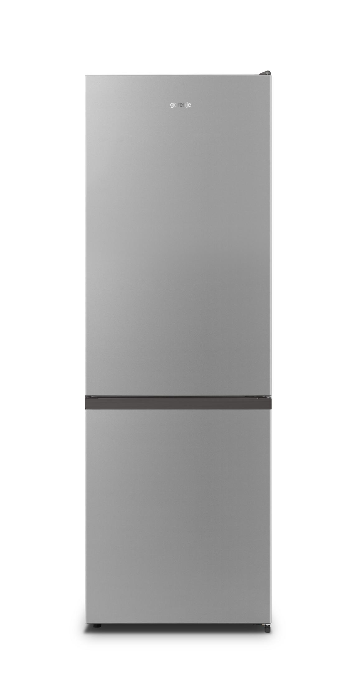 Srebrna lodówka z dwojgiem drzwi, logo Gorenje na górze.