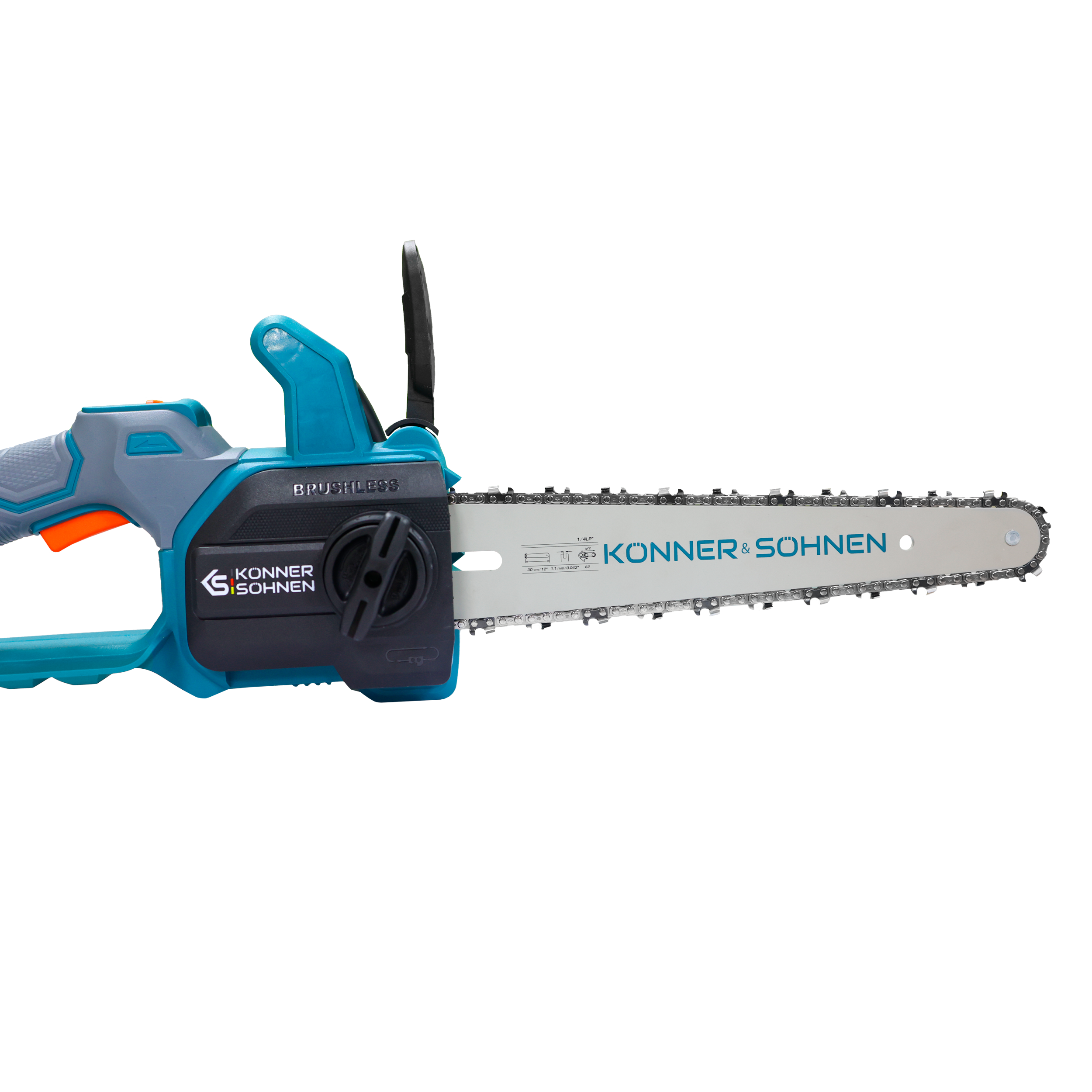 Niebiesko-szara piła łańcuchowa z srebrnym łańcuchem i czarną rączką.