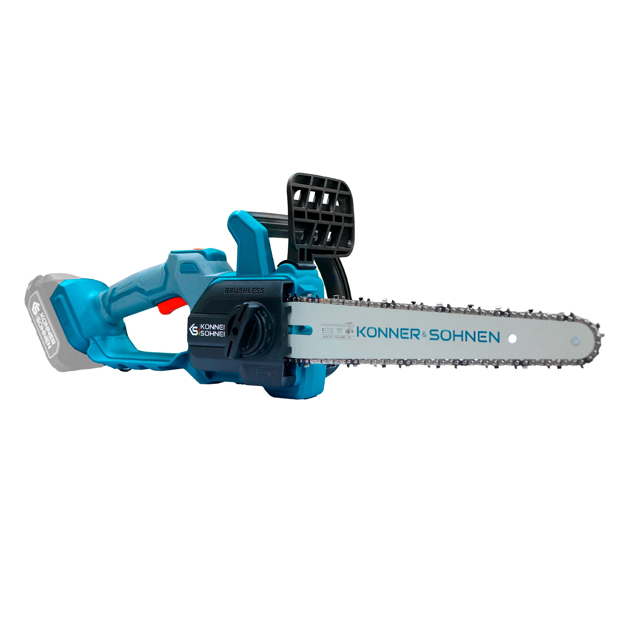 Niebieska piła łańcuchowa z łańcuchem i uchwytami, na czarnym tle.