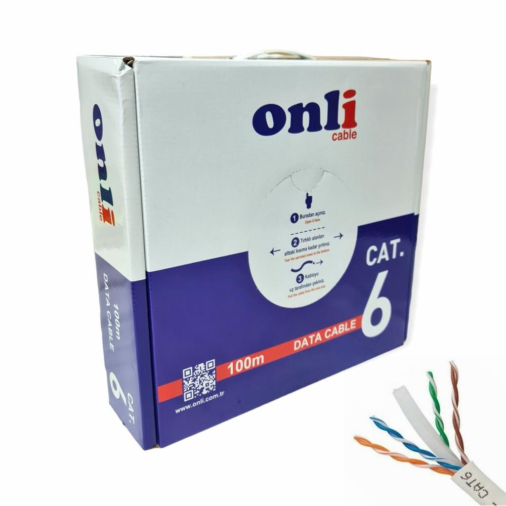 Onli Kablo Cat 6 veri kablosu için beyaz ve mavi kutu, 100m, açıkta kalan kablo uçları.
