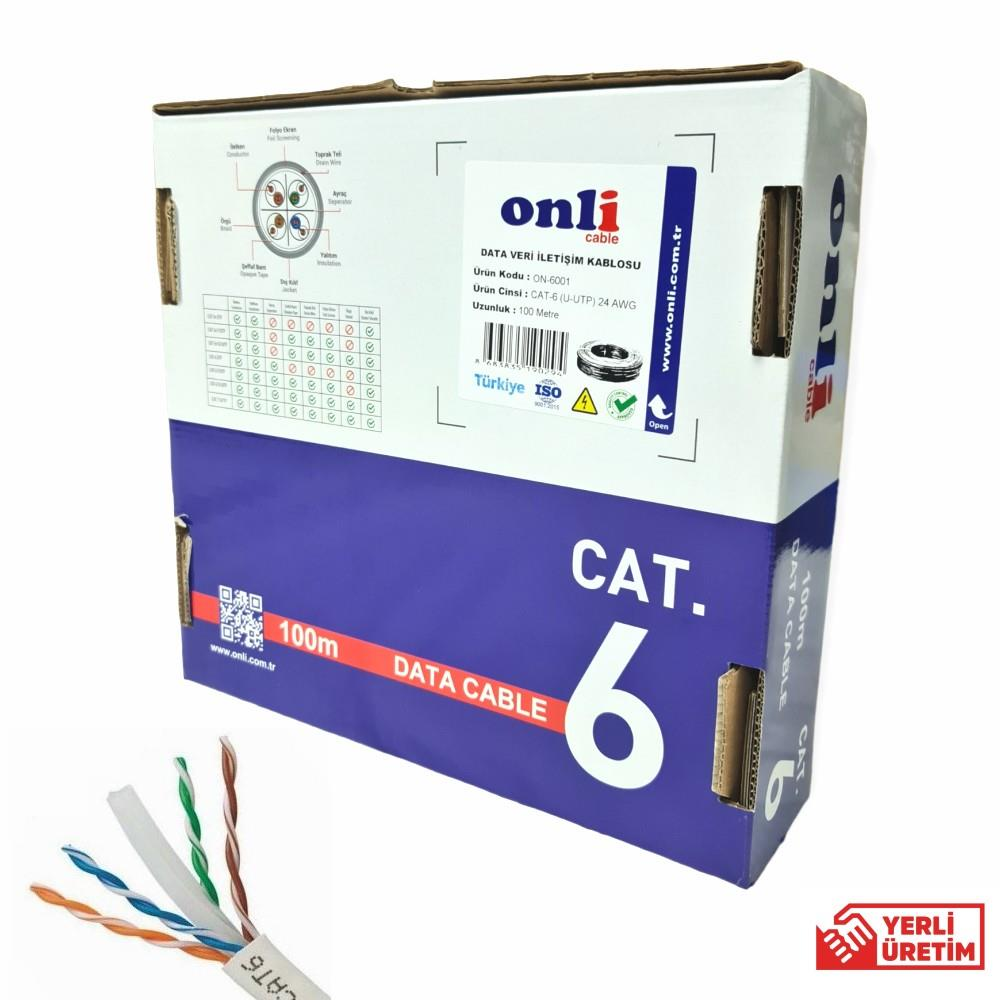 Beyaz ve mavi kutu CAT 6 veri kablosu, 100m uzunluk gösteriyor.