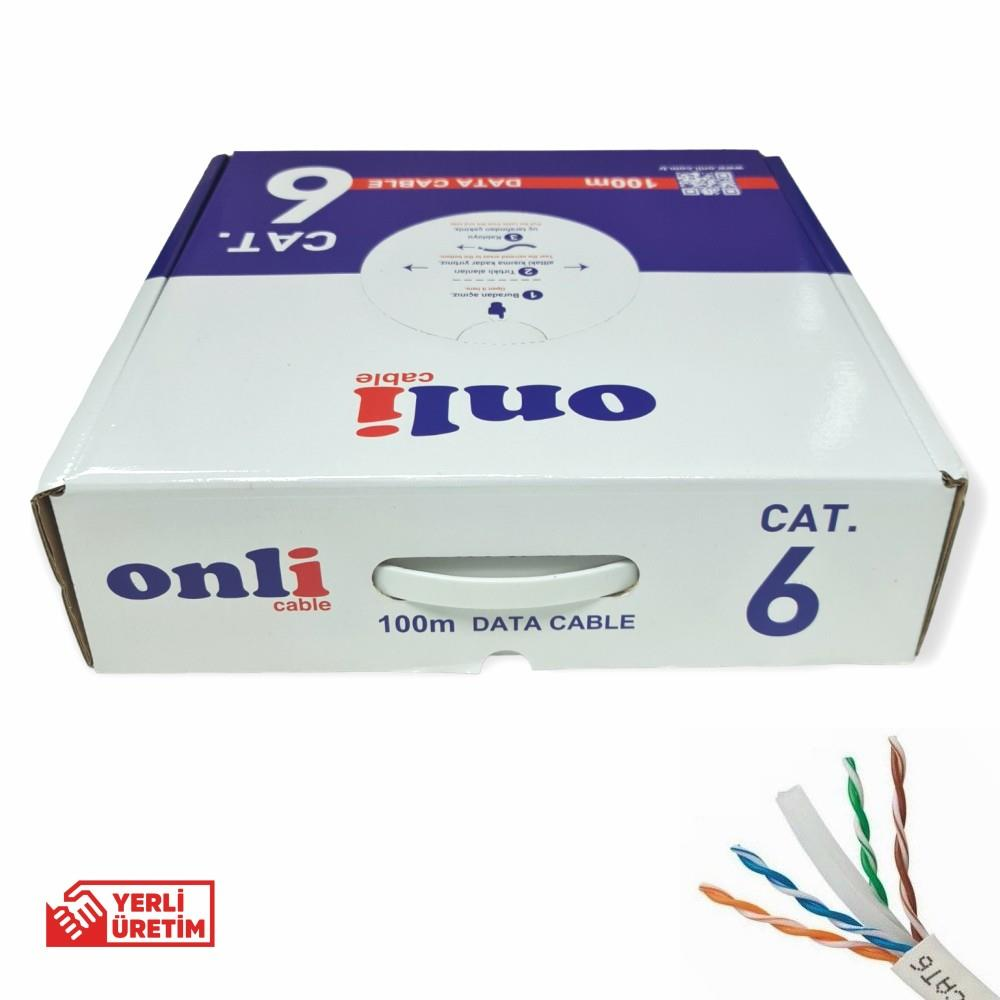 Cat 6 100m veri kablosu ve açık kablo uçları olan kutu.