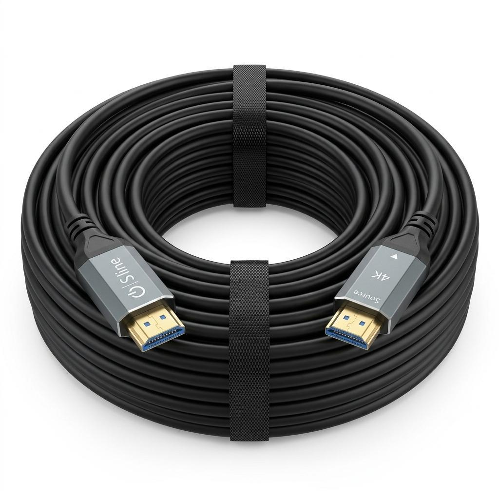 4K etiketli siyah HDMI kablosu, rulo yapılmış ve kayışla sabitlenmiş.